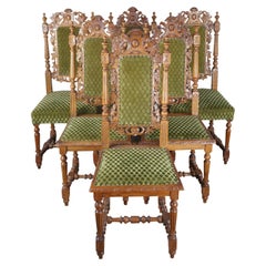 6 Antique Carved Oak Leaf Berry Gothic French Renaissance Revival Dining Chairs
