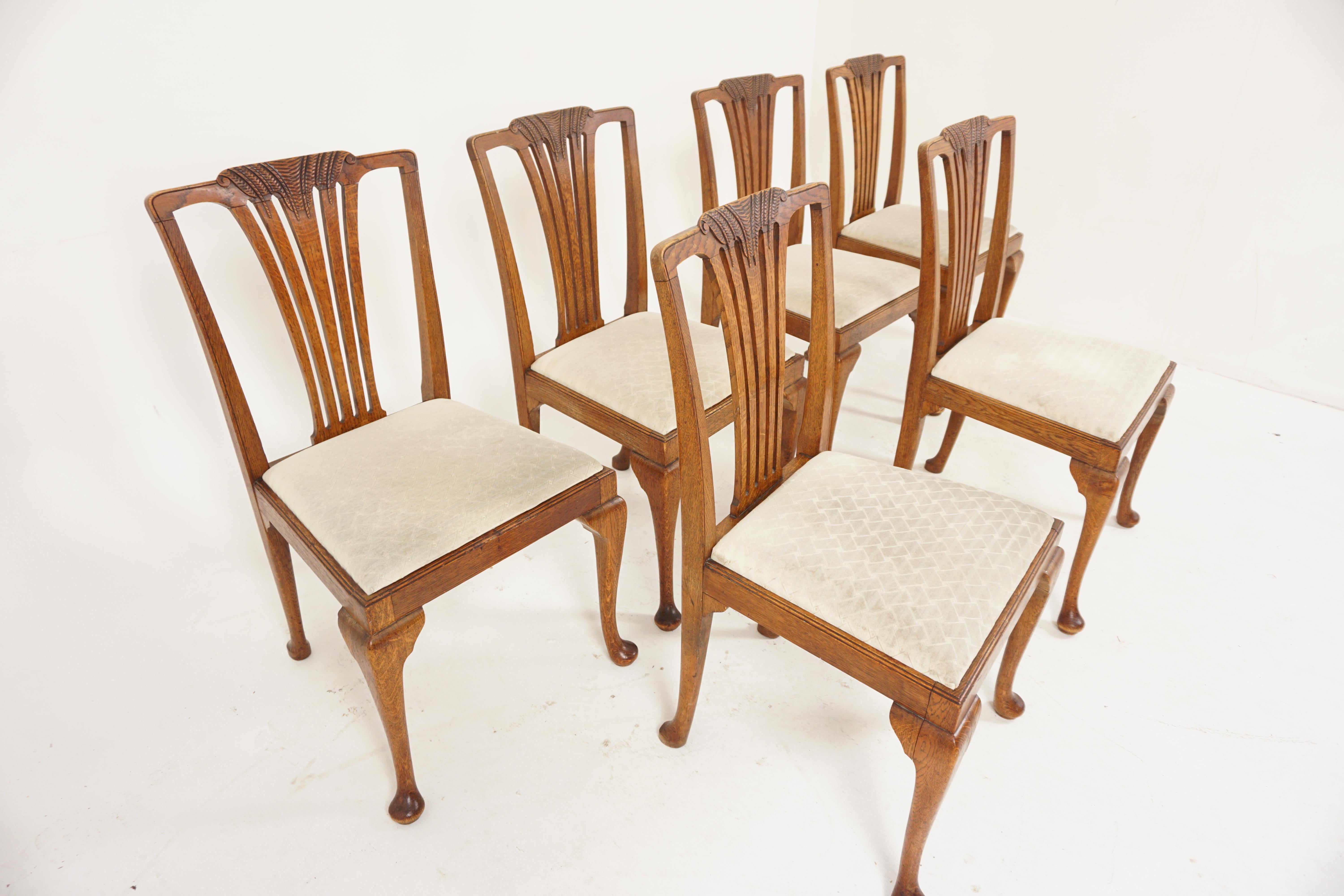 Scottish 6 Antique Carved Oak Queen Anne Style Dining Chairs, Scotland 1920, B2899
