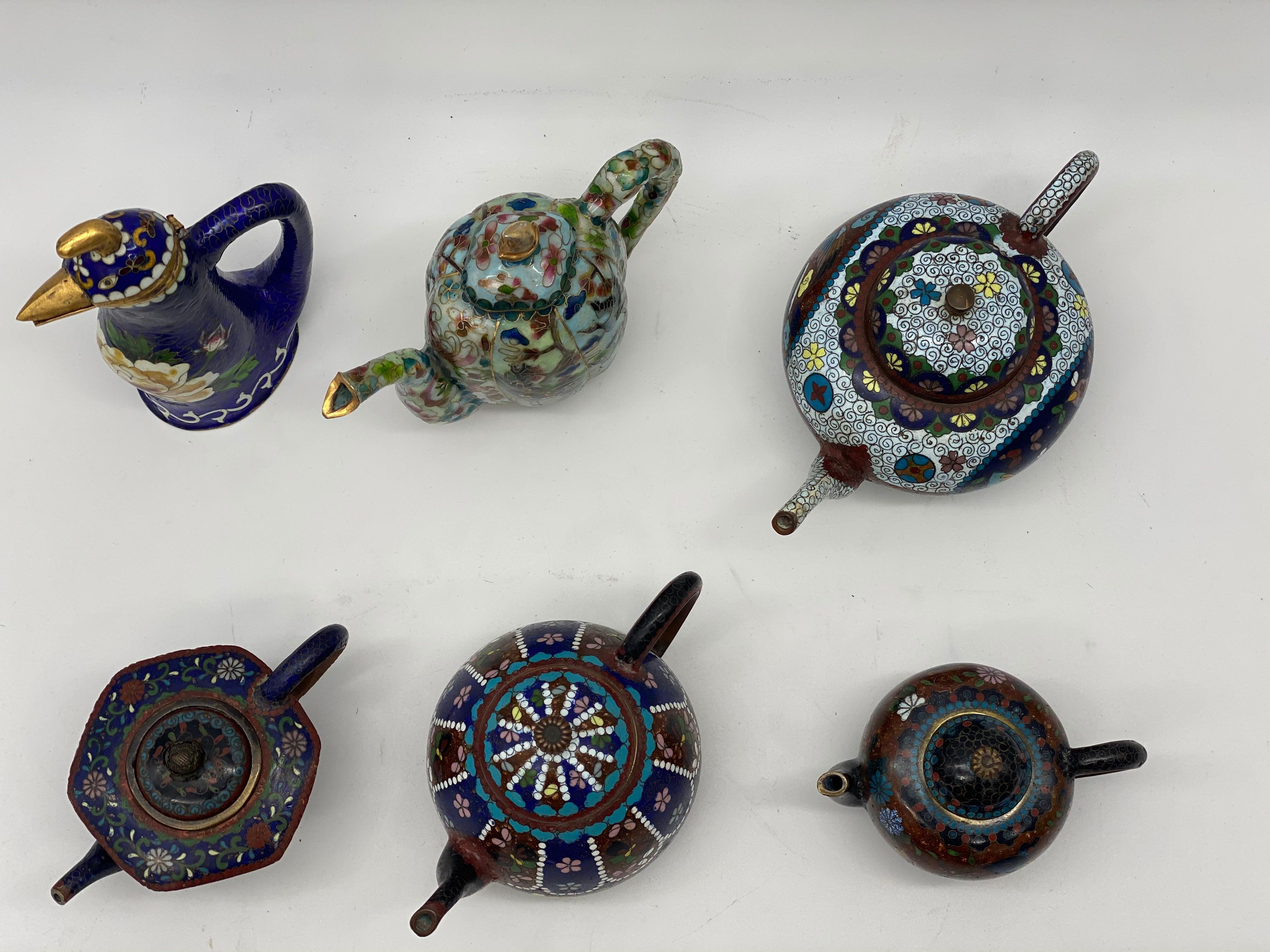 Bronze 6 Antique Chinese Cloisonne Teapots For Sale