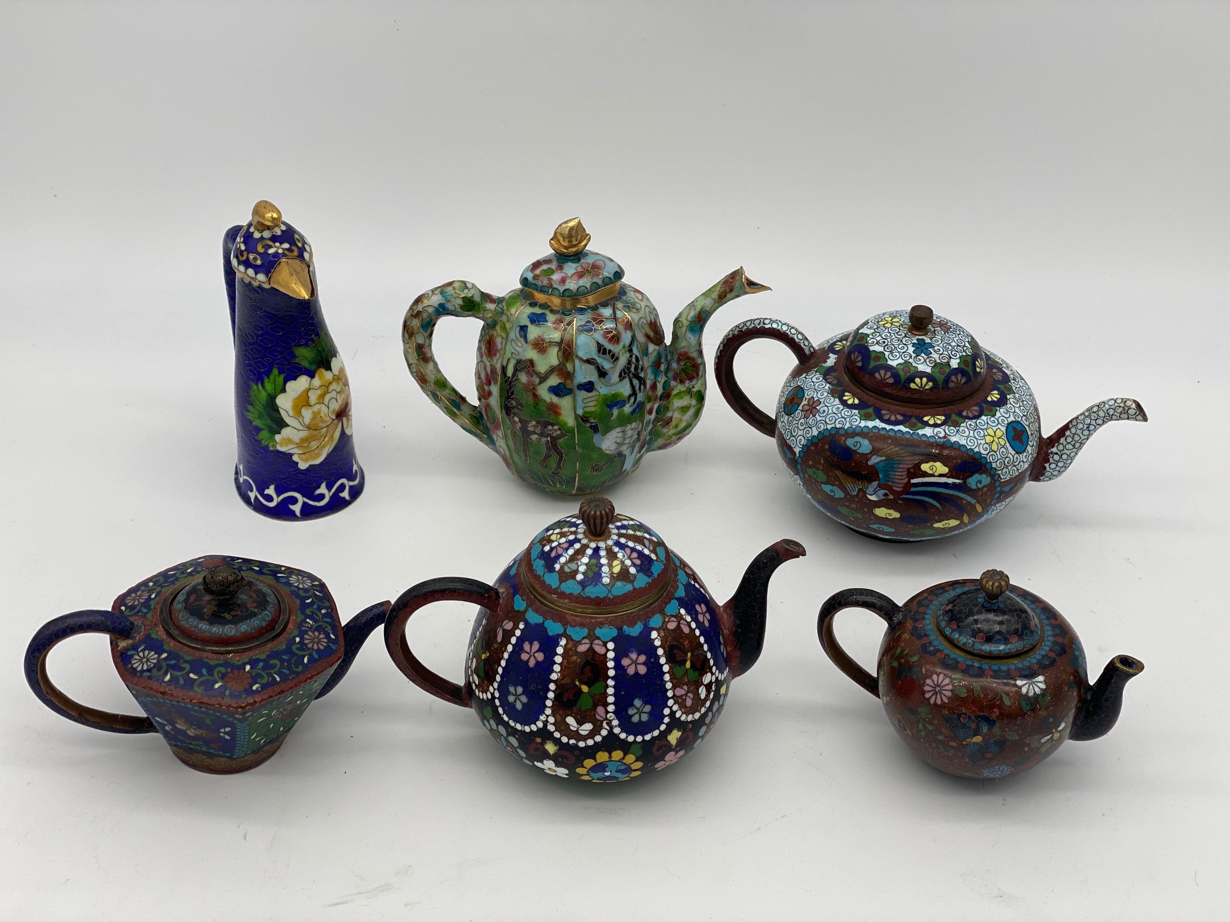 Chinese Export 6 Antique Chinese Cloisonne Teapots For Sale