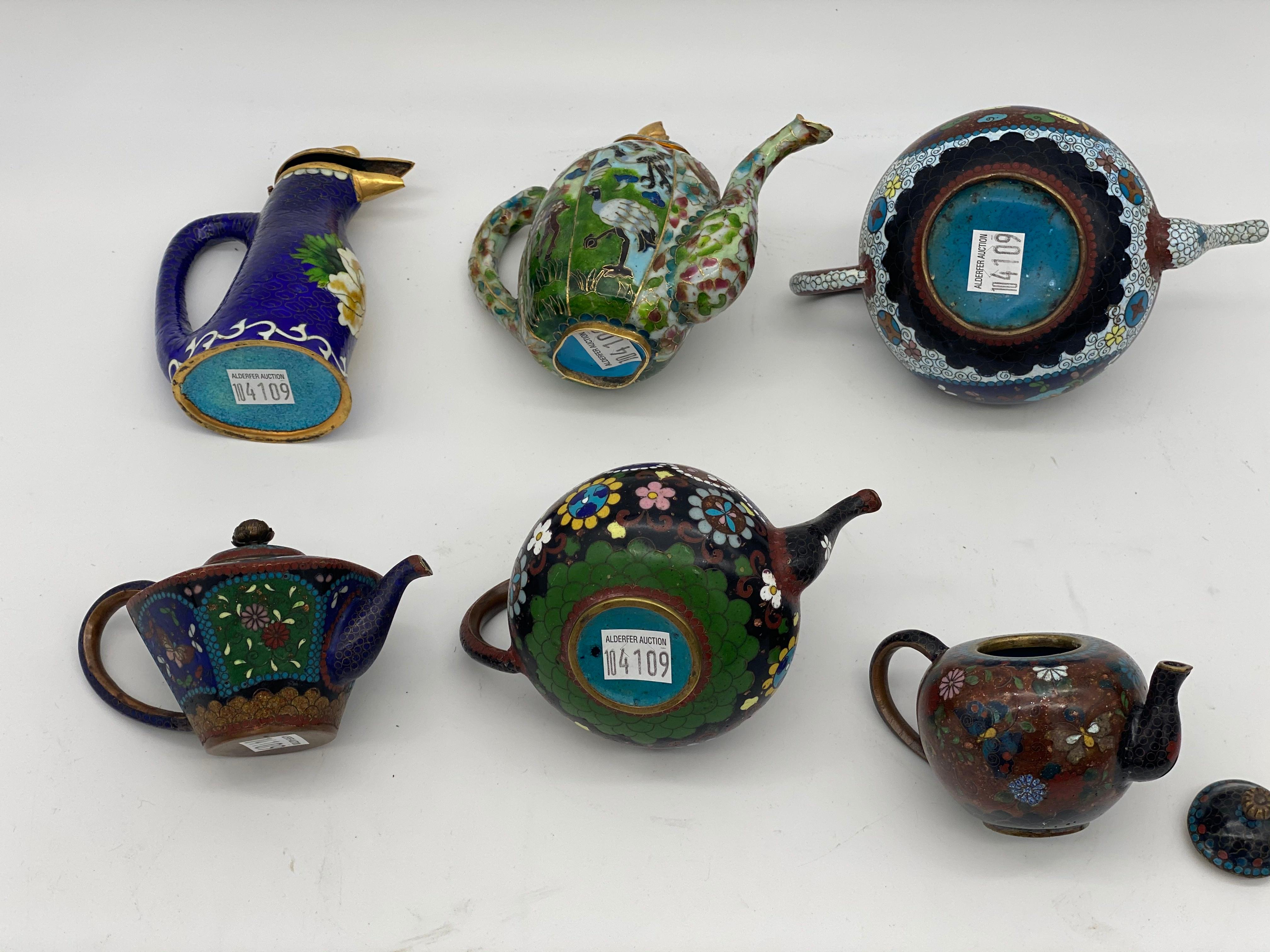 Carved 6 Antique Chinese Cloisonne Teapots For Sale