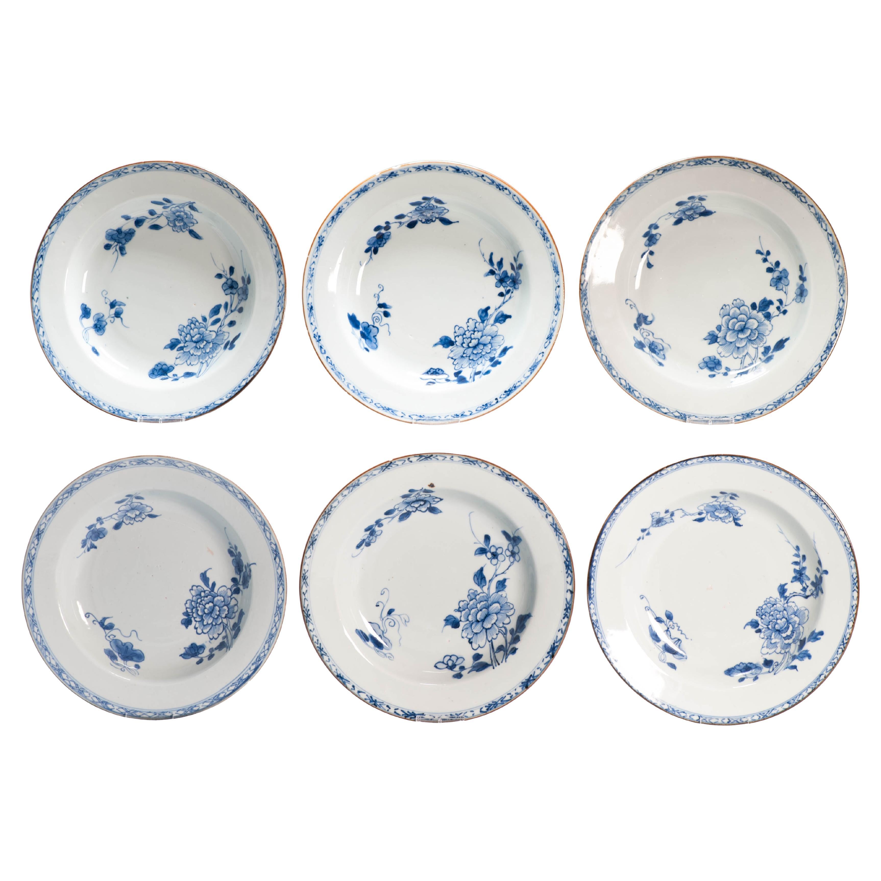 #6 Antiguos Platos de Porcelana China 18C Kangxi/Yongzheng Juego Azul Blanco