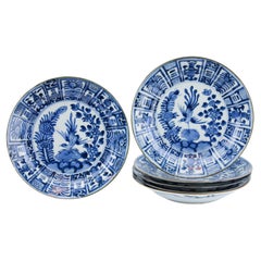 Ensemble d'assiettes plates Kangxi Kraak bleu et blanc en porcelaine chinoise ancienne n° 6 du 18ème siècle