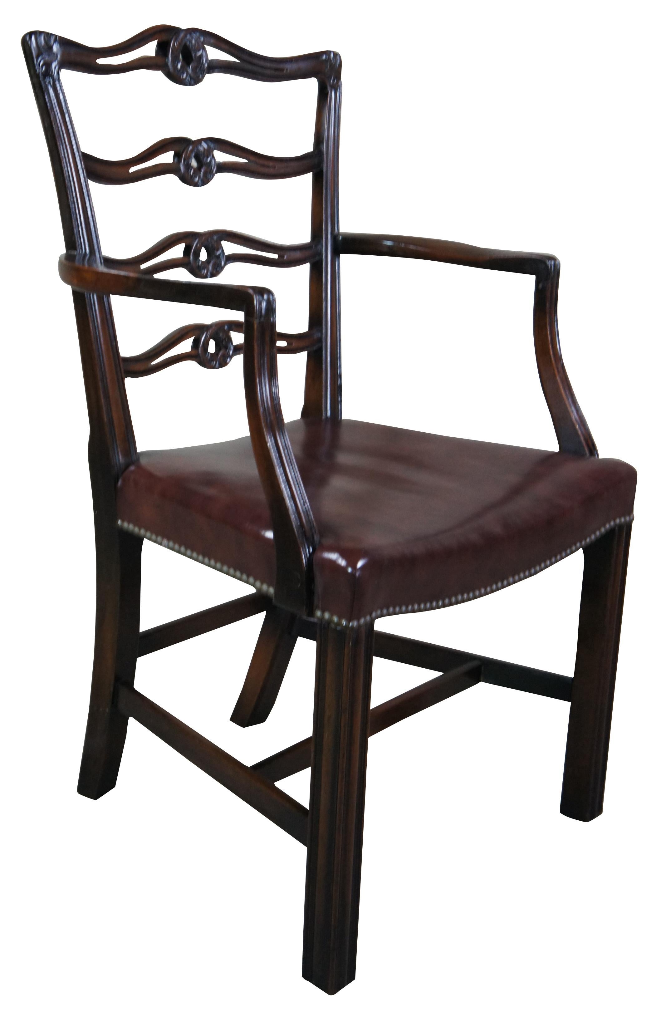 6 Antique Chippendale Carved Mahogany Ladder Ribbon Back Leather Dining Chairs In Good Condition In Dayton, OH