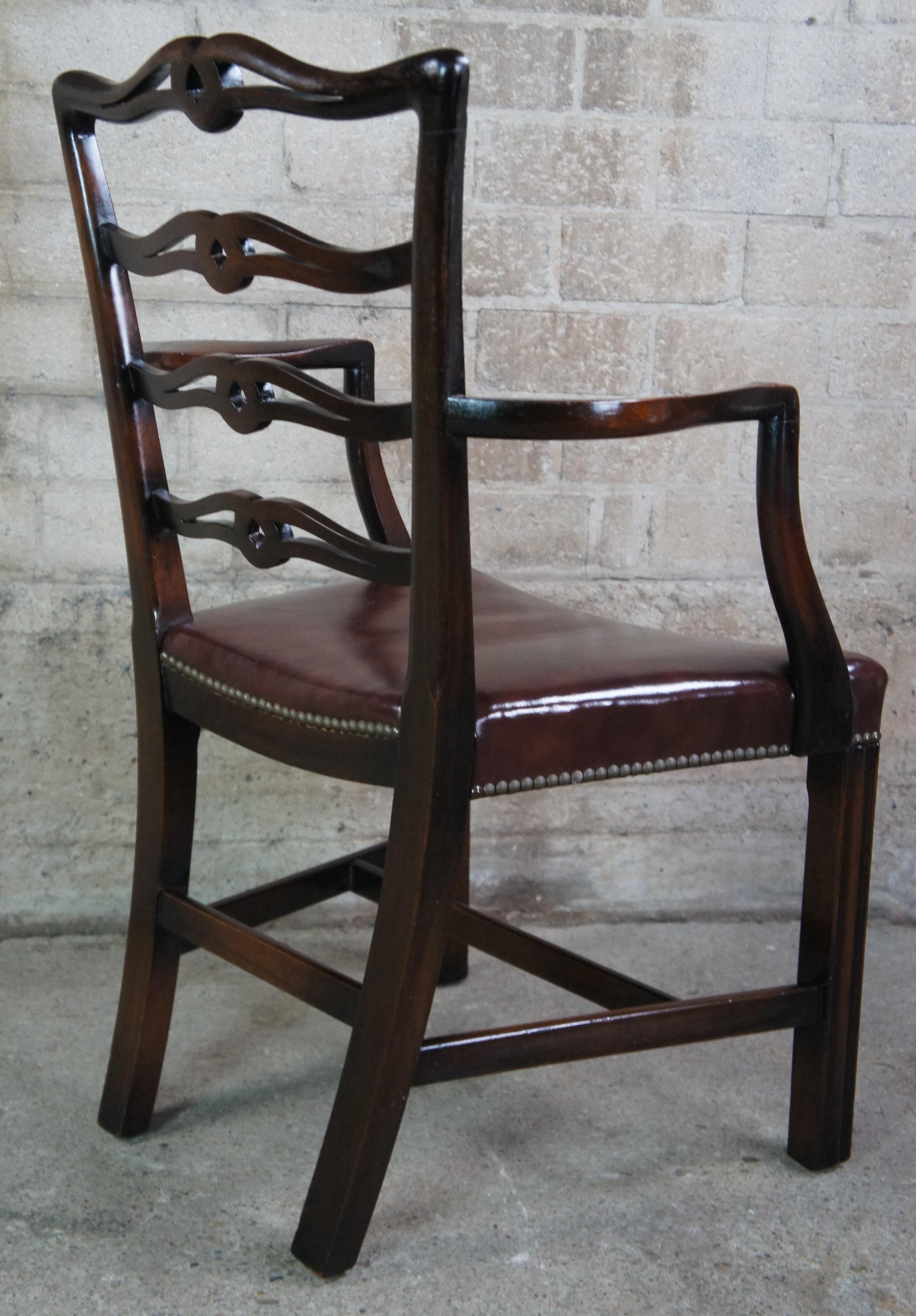 6 Antique Chippendale Carved Mahogany Ladder Ribbon Back Leather Dining Chairs 4