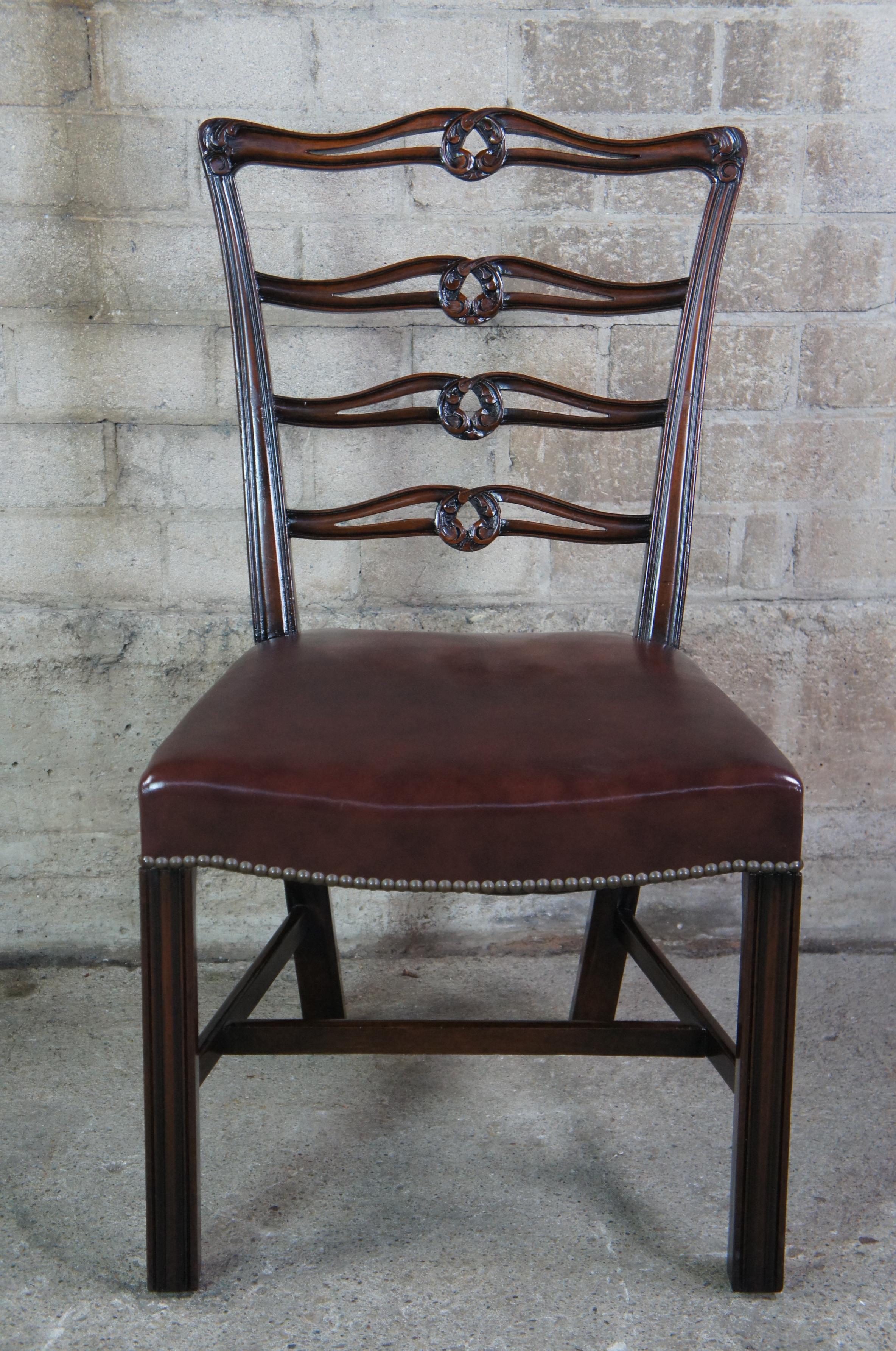 6 Antique Chippendale Carved Mahogany Ladder Ribbon Back Leather Dining Chairs 5