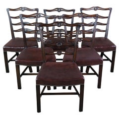 6 Antique Chippendale Carved Mahogany Ladder Ribbon Back Leather Dining Chairs