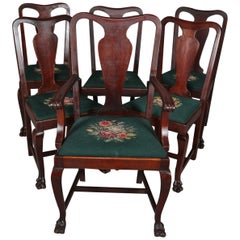 6 Antique Chippendale School Plank Splat Mahogany and Needlepoint Chairs