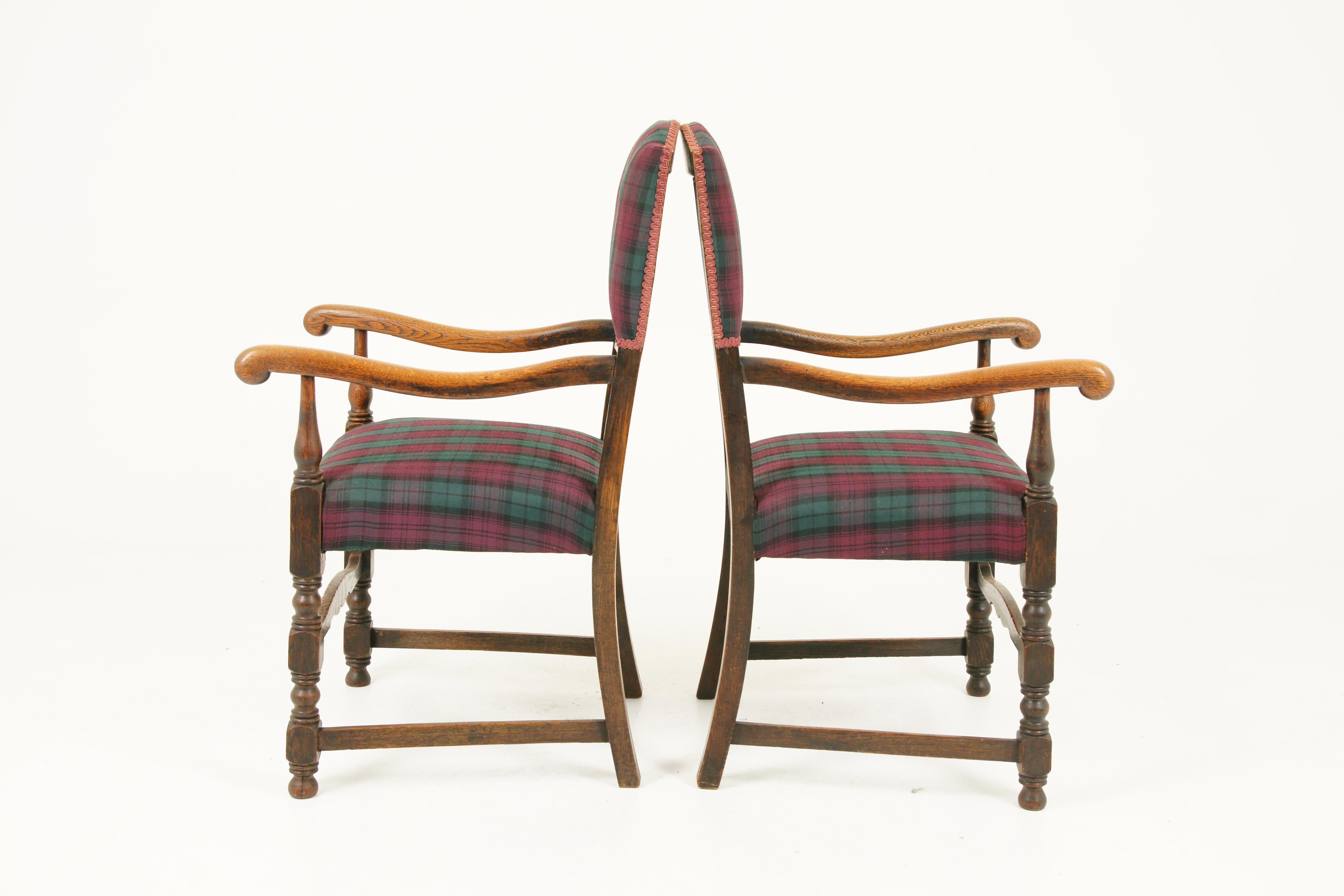 6 Antique Dining Chairs, Carved Oak Upholstered Chairs, Scotland 1920 3