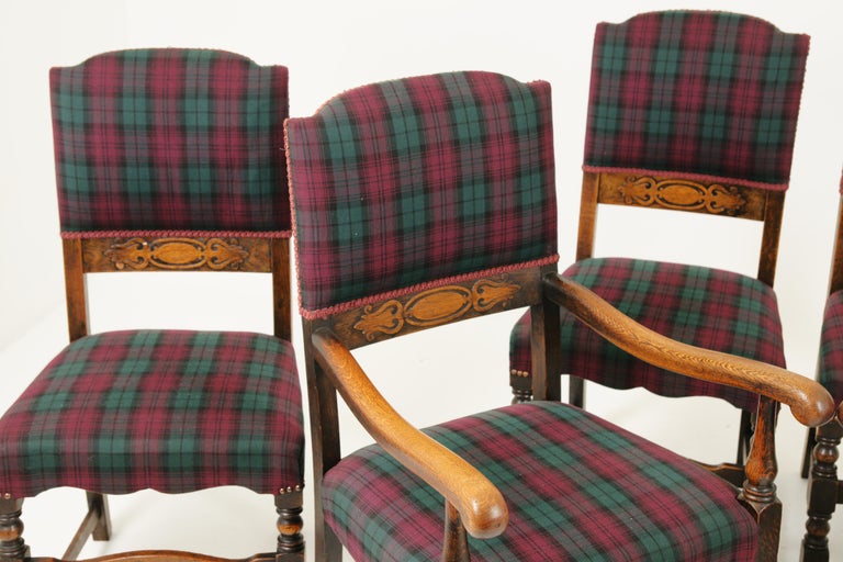 6 Antique Dining Chairs, Carved Oak Upholstered Chairs, Scotland 1920