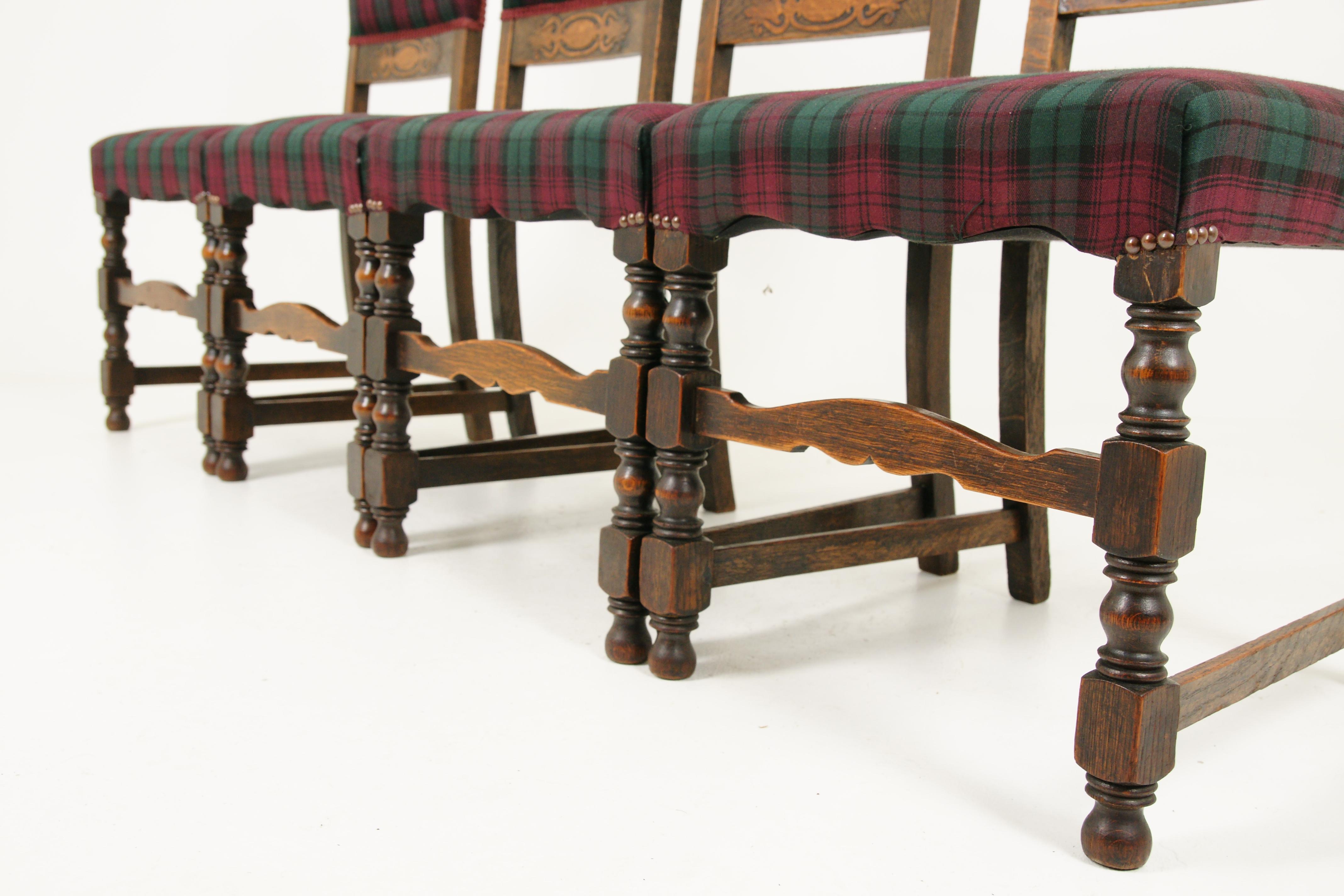 Scottish 6 Antique Dining Chairs, Carved Oak Upholstered Chairs, Scotland 1920