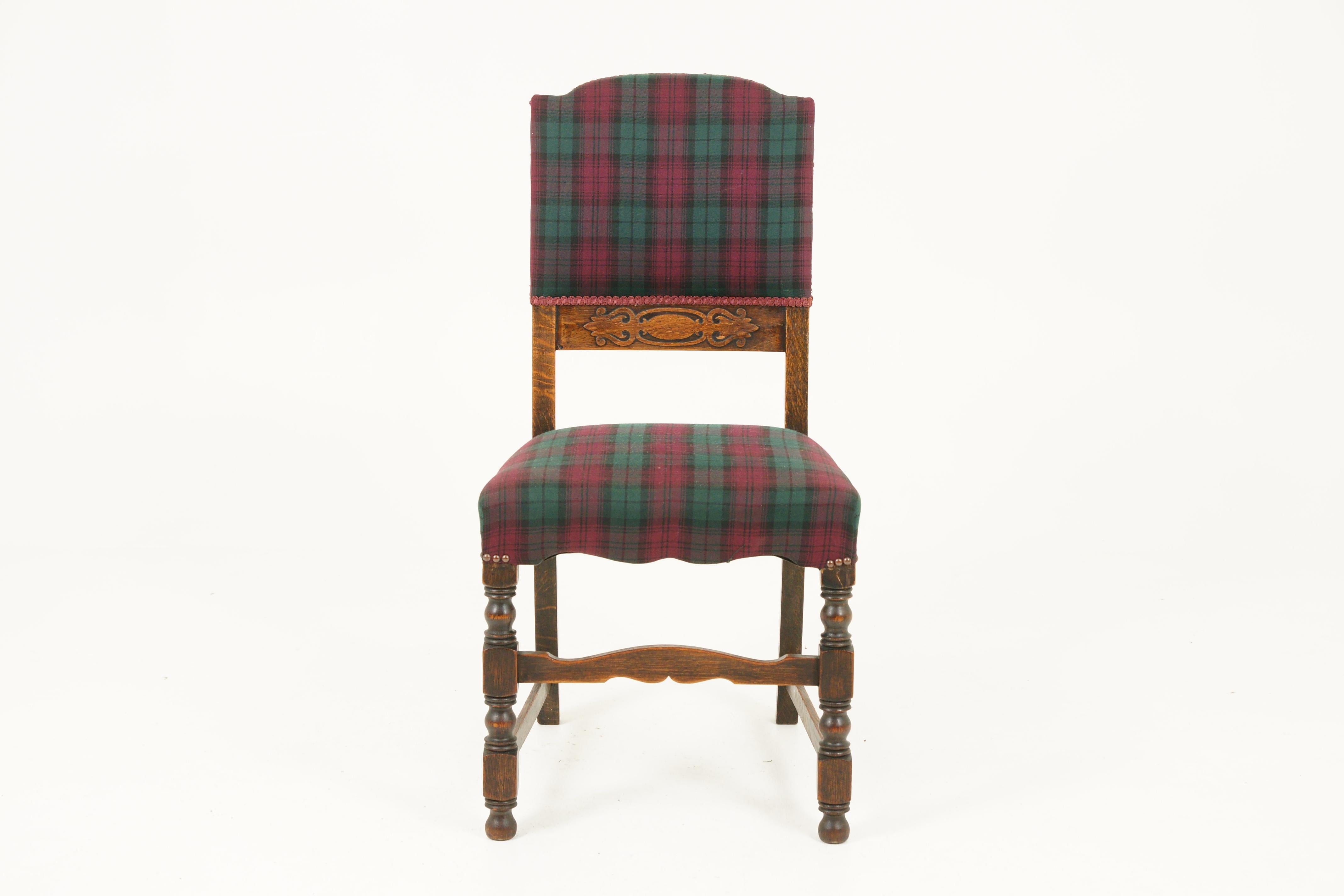 Hand-Crafted 6 Antique Dining Chairs, Carved Oak Upholstered Chairs, Scotland 1920