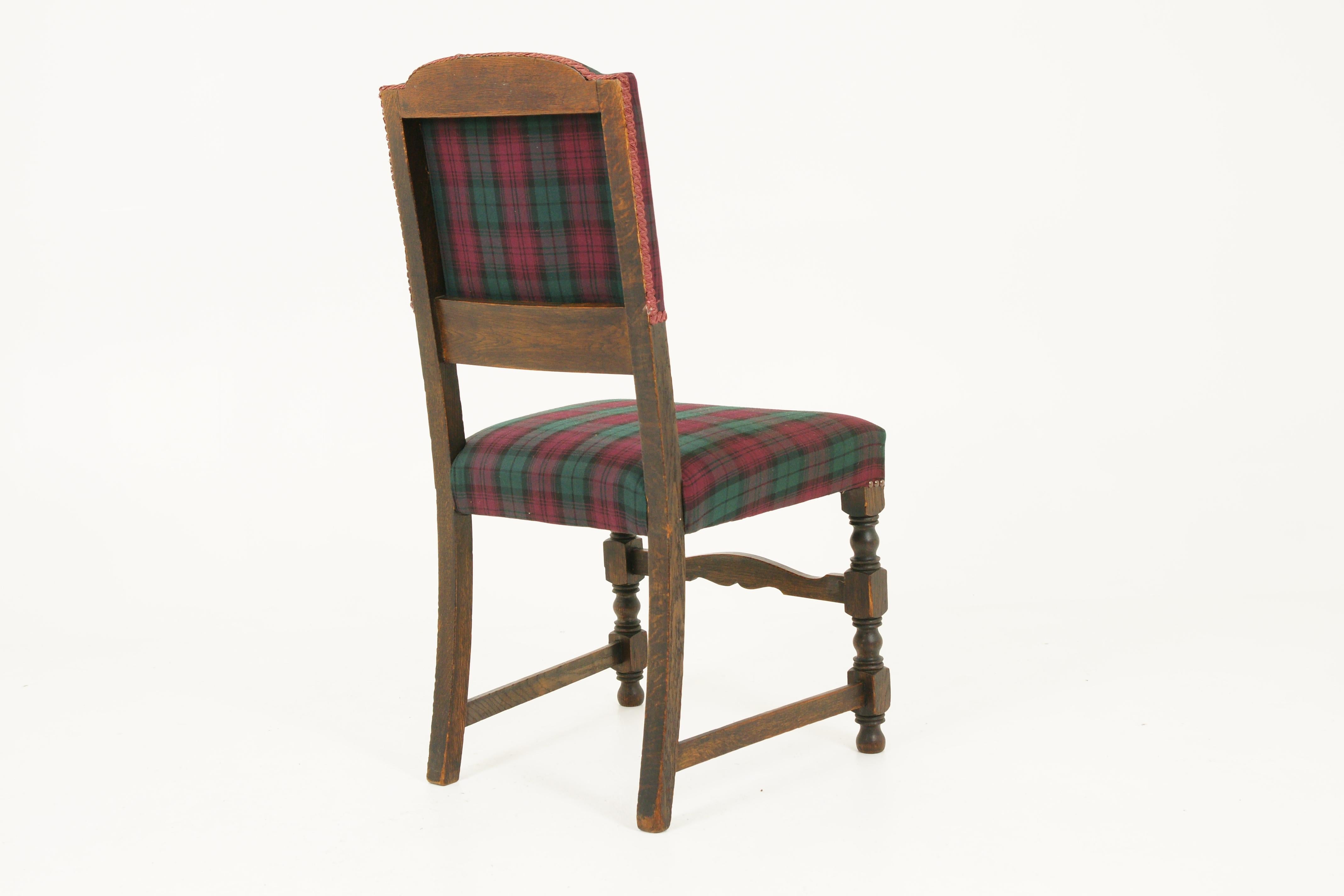 6 Antique Dining Chairs, Carved Oak Upholstered Chairs, Scotland 1920 In Good Condition In Vancouver, BC