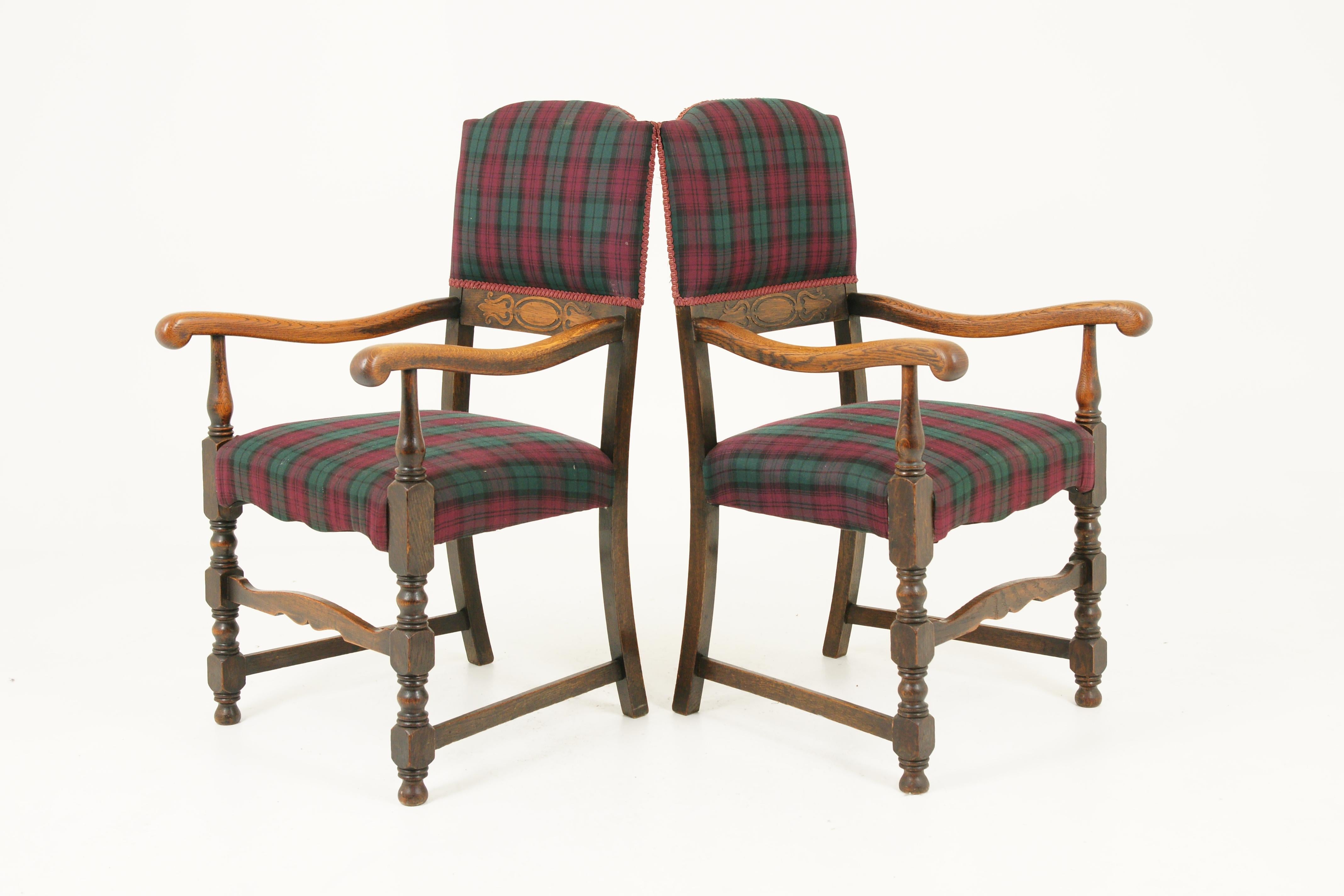 Early 20th Century 6 Antique Dining Chairs, Carved Oak Upholstered Chairs, Scotland 1920