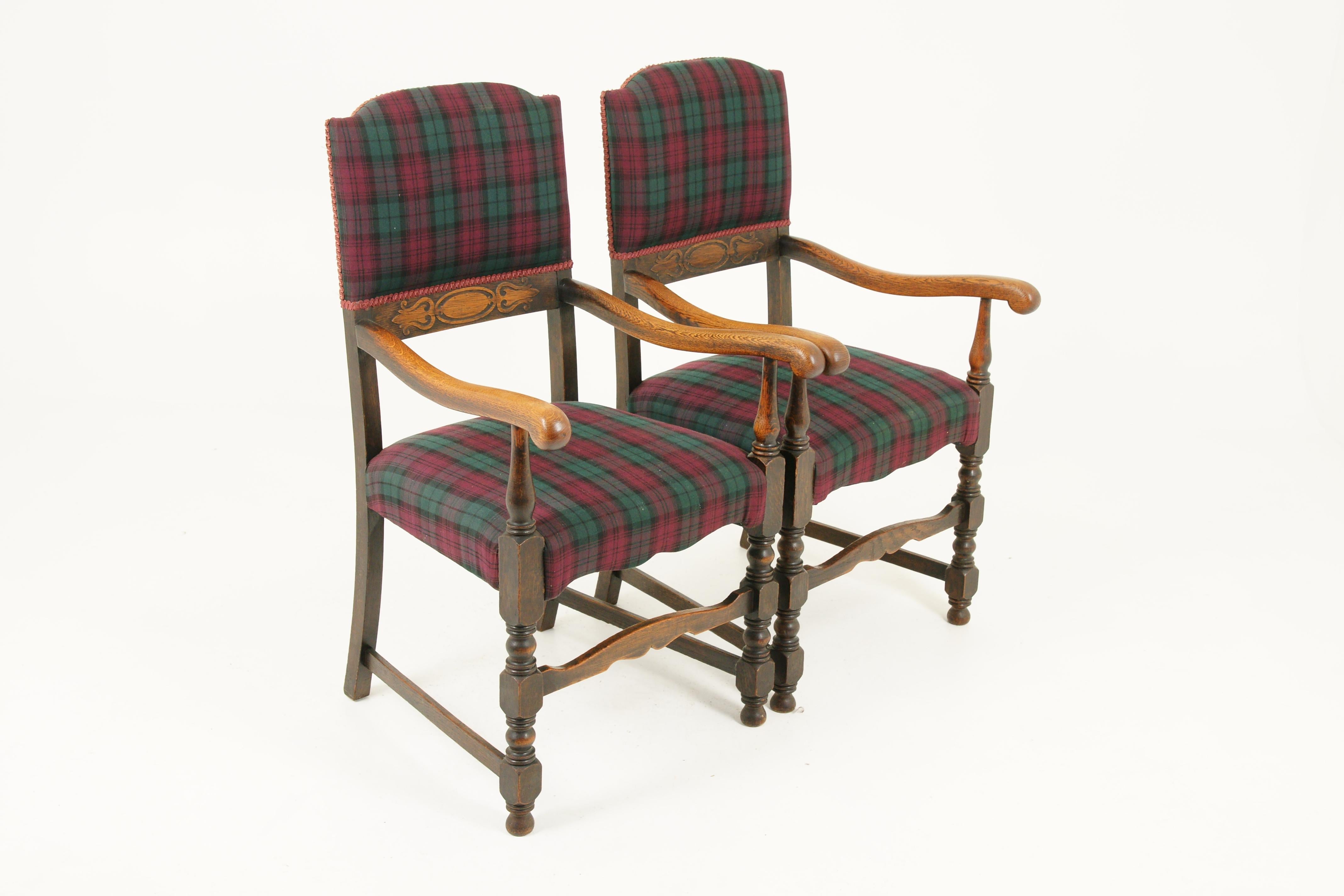 6 Antique Dining Chairs, Carved Oak Upholstered Chairs, Scotland 1920 1