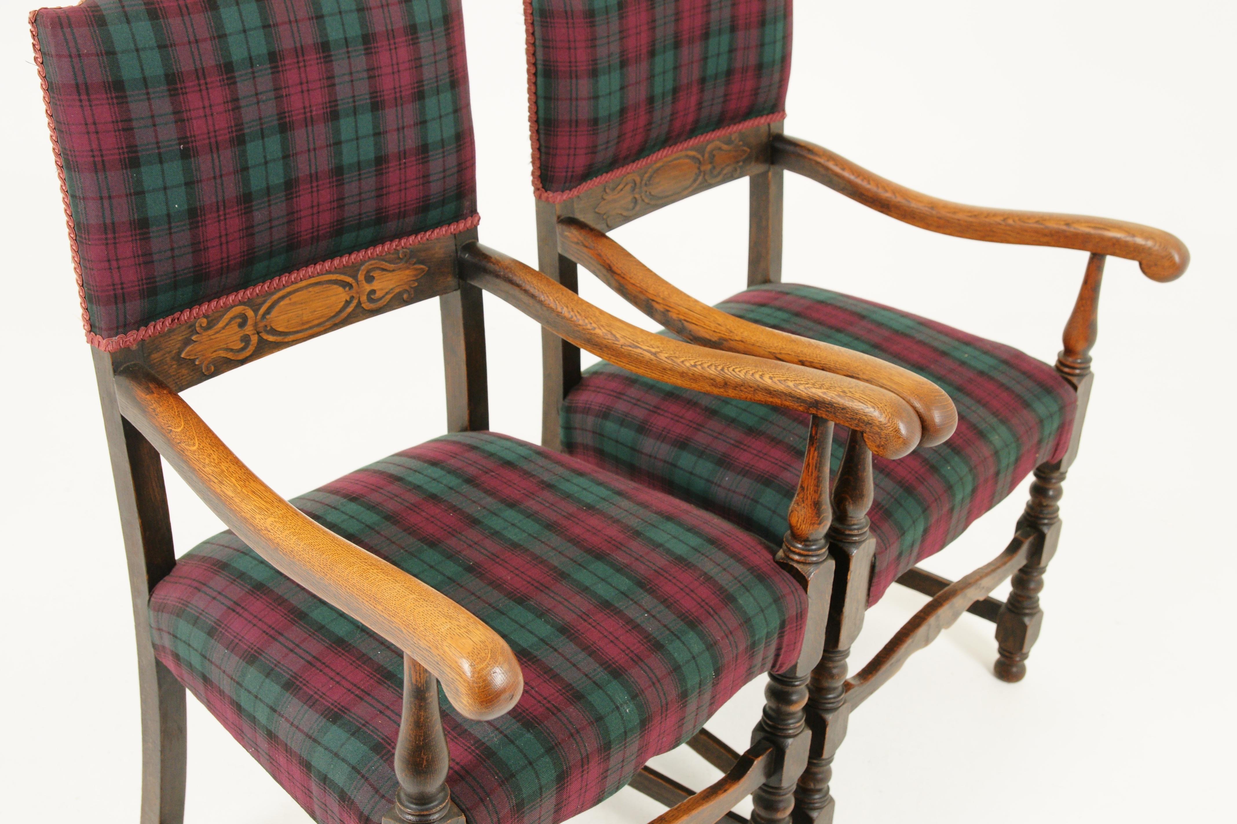 6 Antique Dining Chairs, Carved Oak Upholstered Chairs, Scotland 1920 2