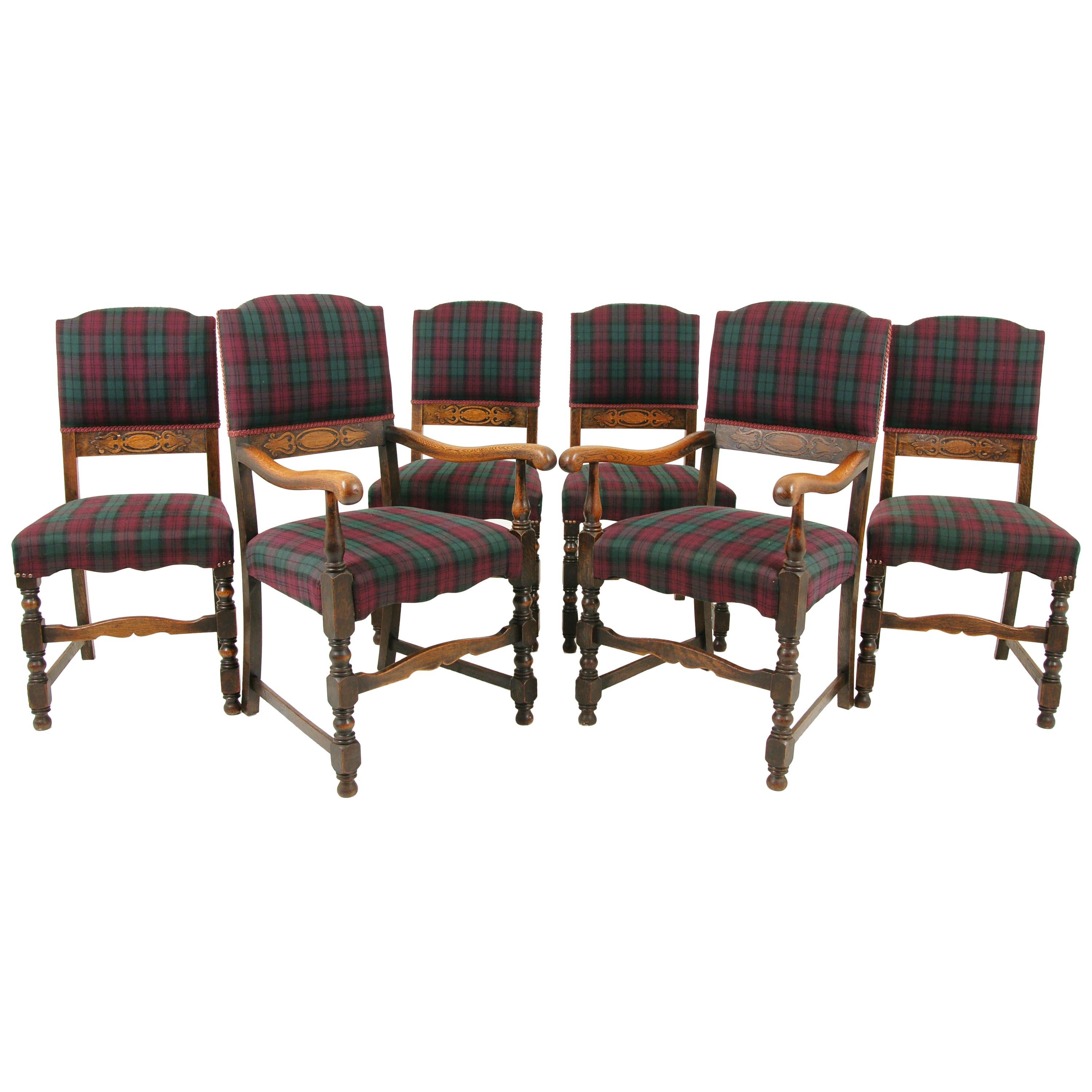 6 Antique Dining Chairs, Carved Oak Upholstered Chairs, Scotland 1920