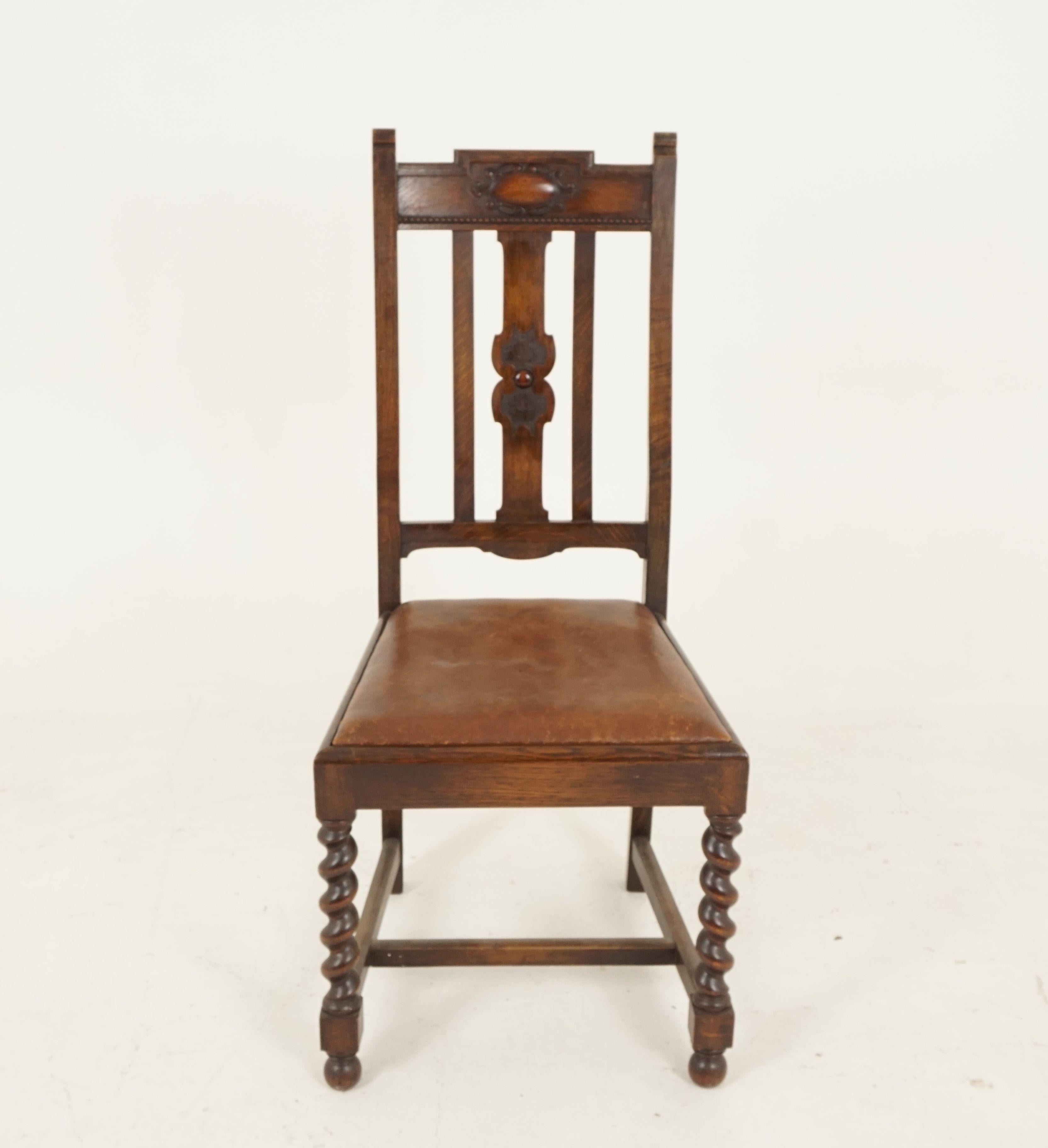 6 antique dining chairs, oak barley twist, set of 6, Scotland 1920, B2210

Scotland 1920
Solid oak
Original finish
Carved moulded top rail
Central carved vertical rail
Flanked by a pair of plain rails
Lift out seat below with original