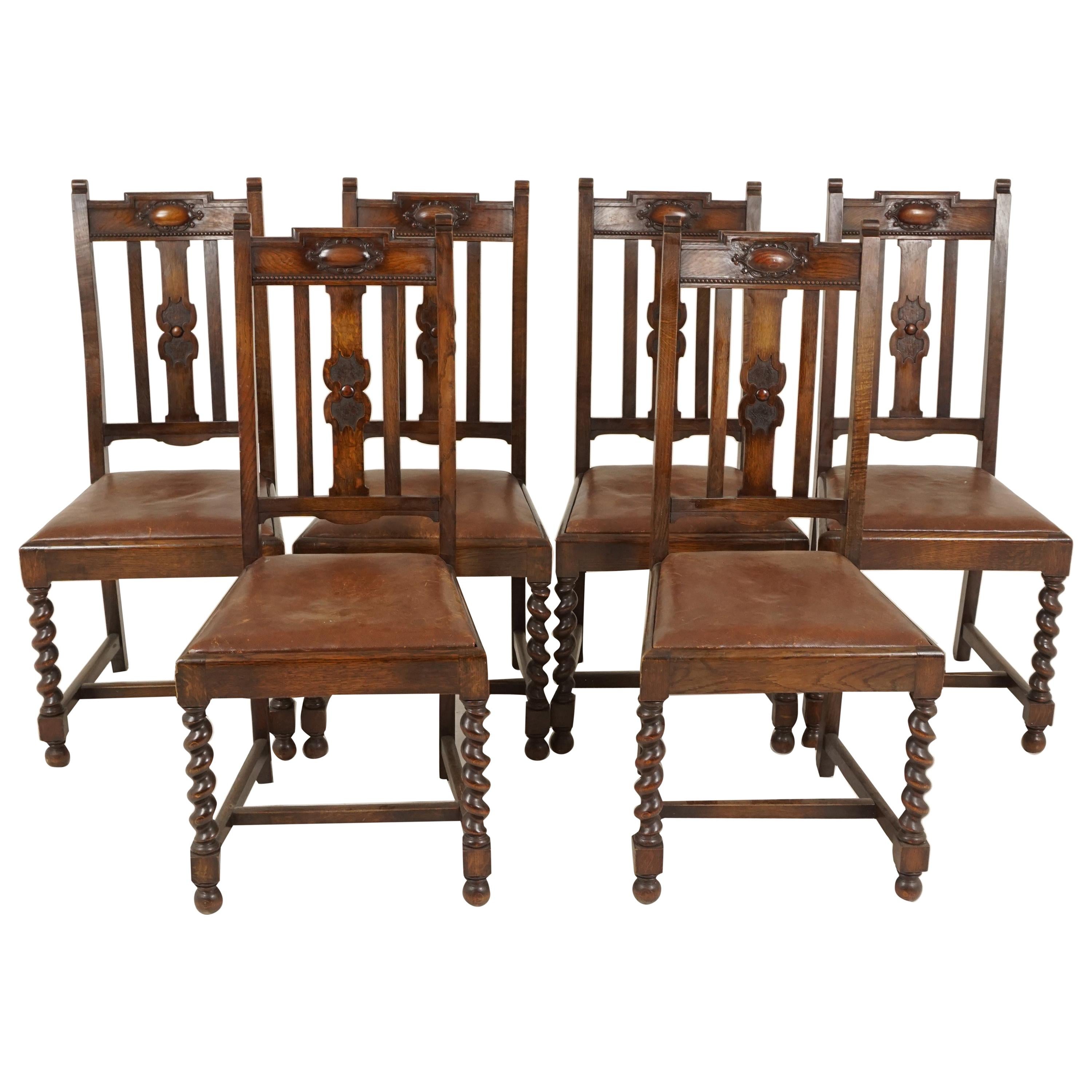 6 Antique Dining Chairs, Oak Barley Twist, Set of 6, Scotland 1920, B2210