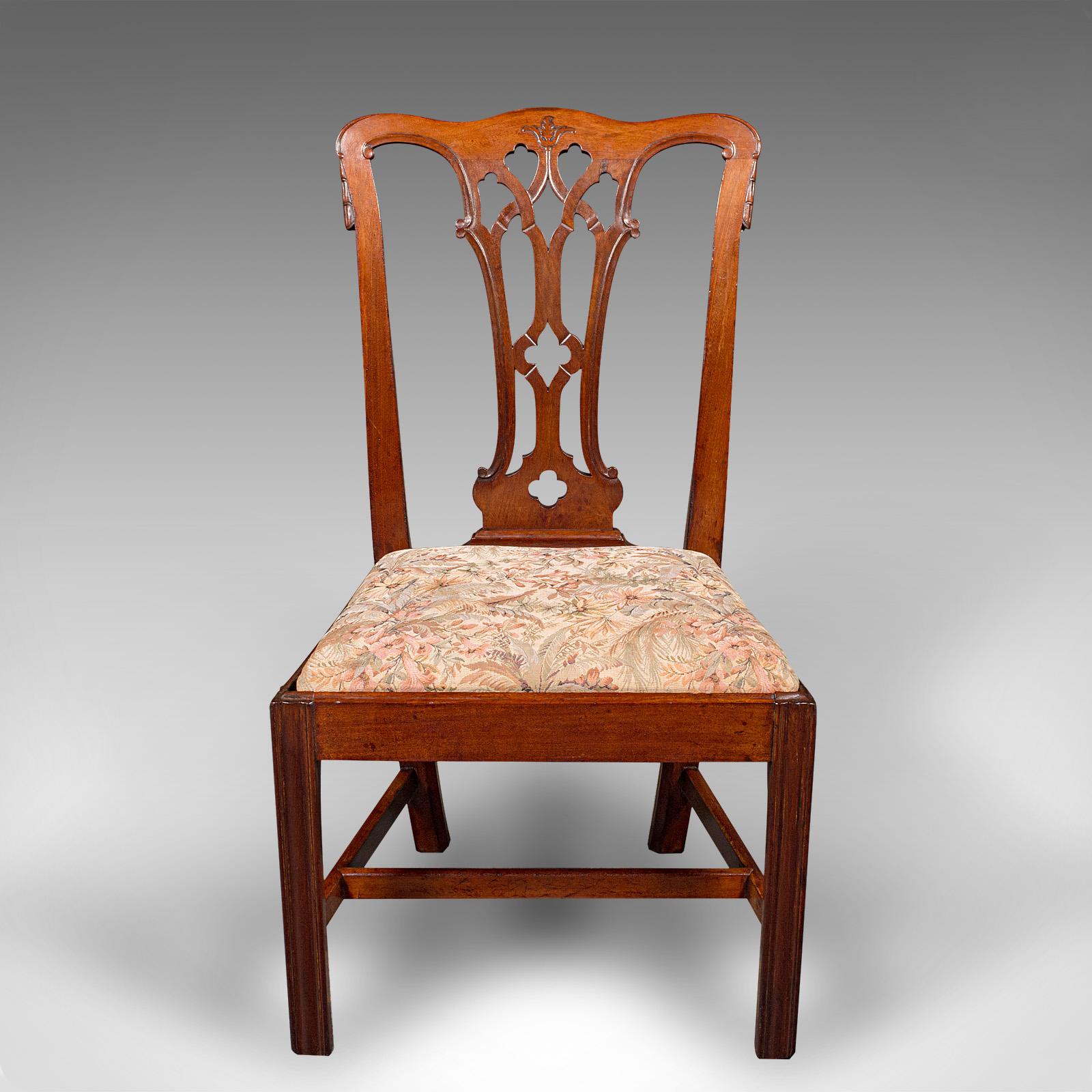 This is a set of 6 antique dining room chairs. An English, walnut seat in the Chippendale manner, dating to the Georgian period, circa 1800.

Superb Chippendale revival chairs, with appealing upholstery and generous width
Displaying a desirable