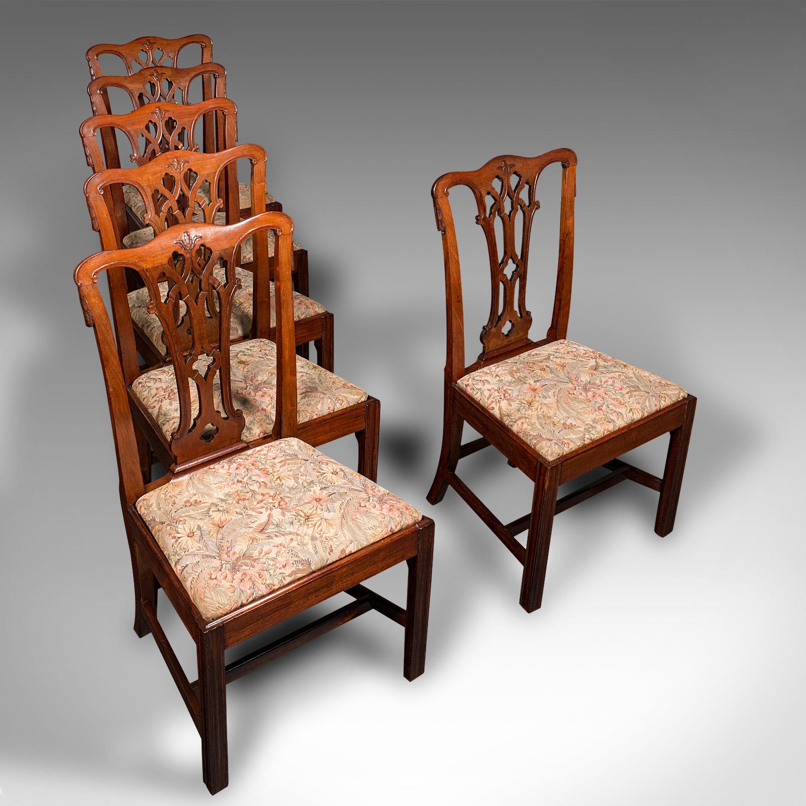 18th Century 6 Antique Dining Room Chairs, English, Walnut, After Chippendale, Georgian, 1800