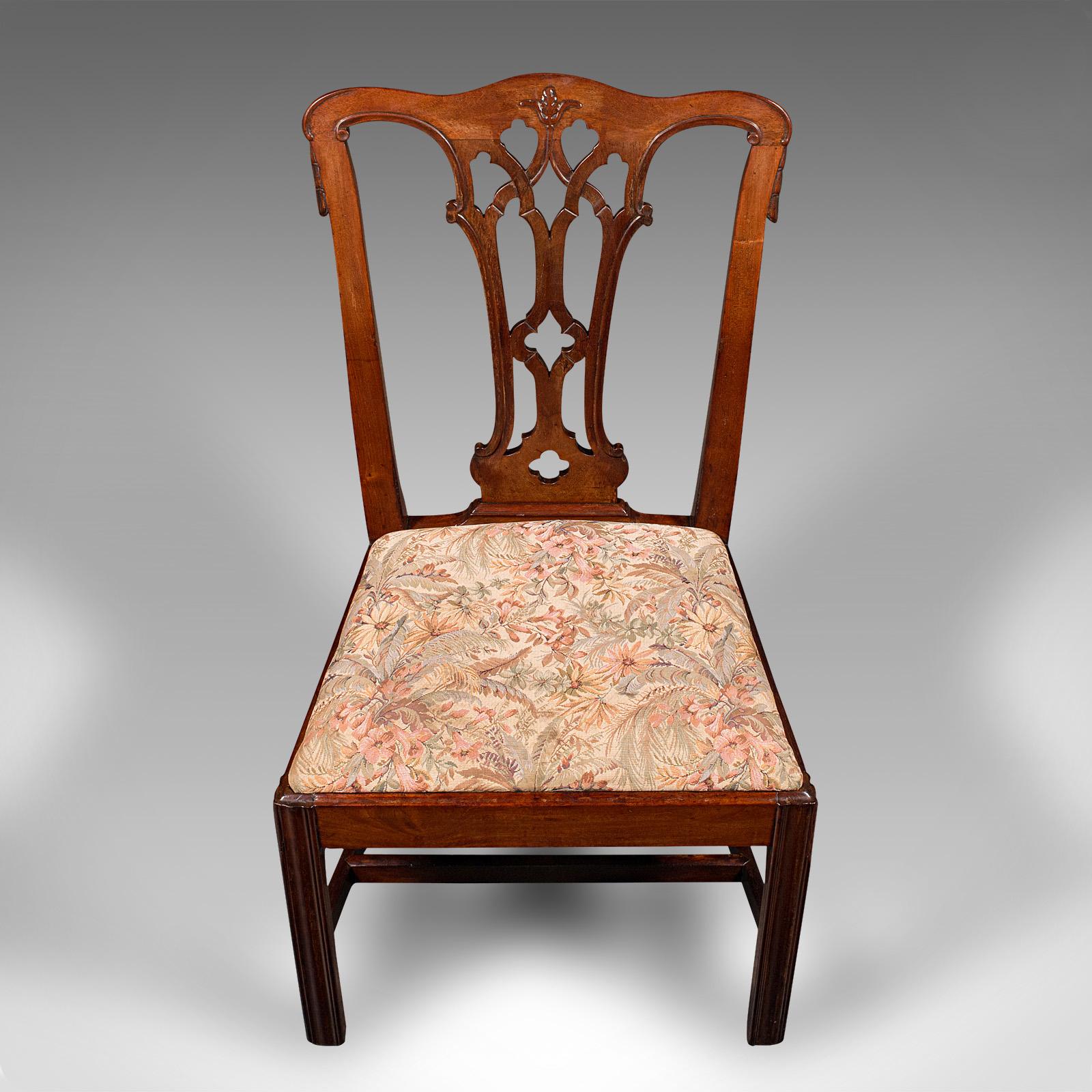 Textile 6 Antique Dining Room Chairs, English, Walnut, After Chippendale, Georgian, 1800