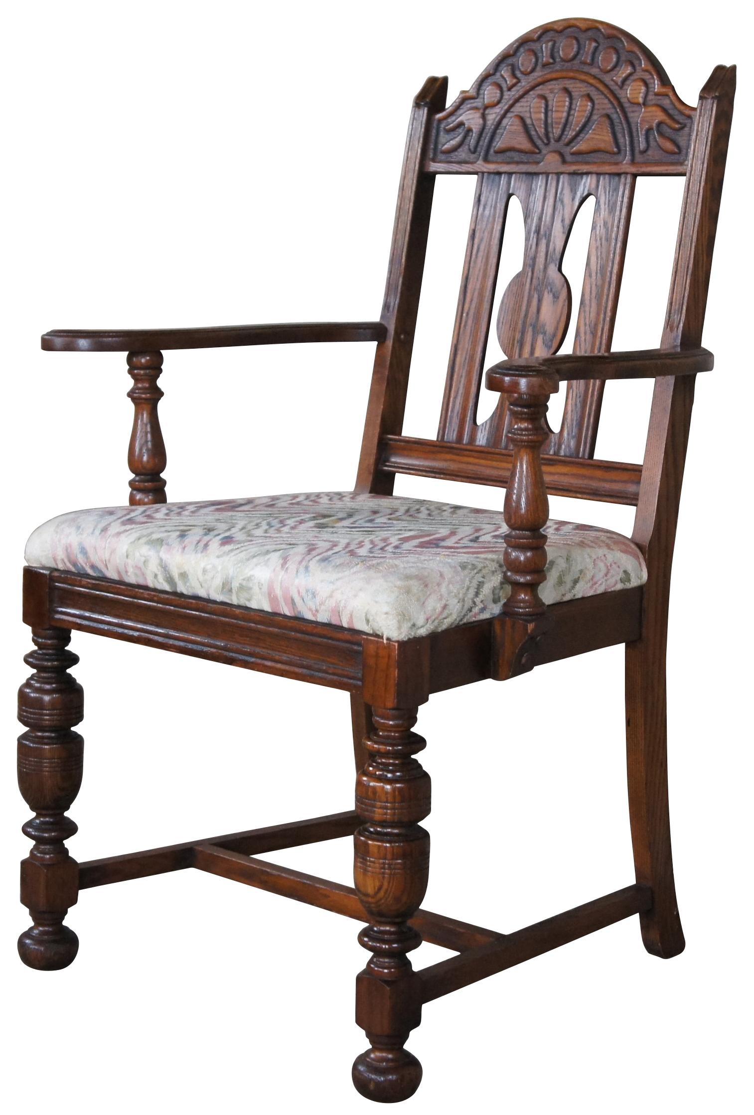 6 Antique Early 20th Century Carved Oak Jacobean Elizabethan Style Dining Chairs In Good Condition In Dayton, OH