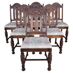 6 Antique Early 20th Century Carved Oak Jacobean Elizabethan Style Dining Chairs