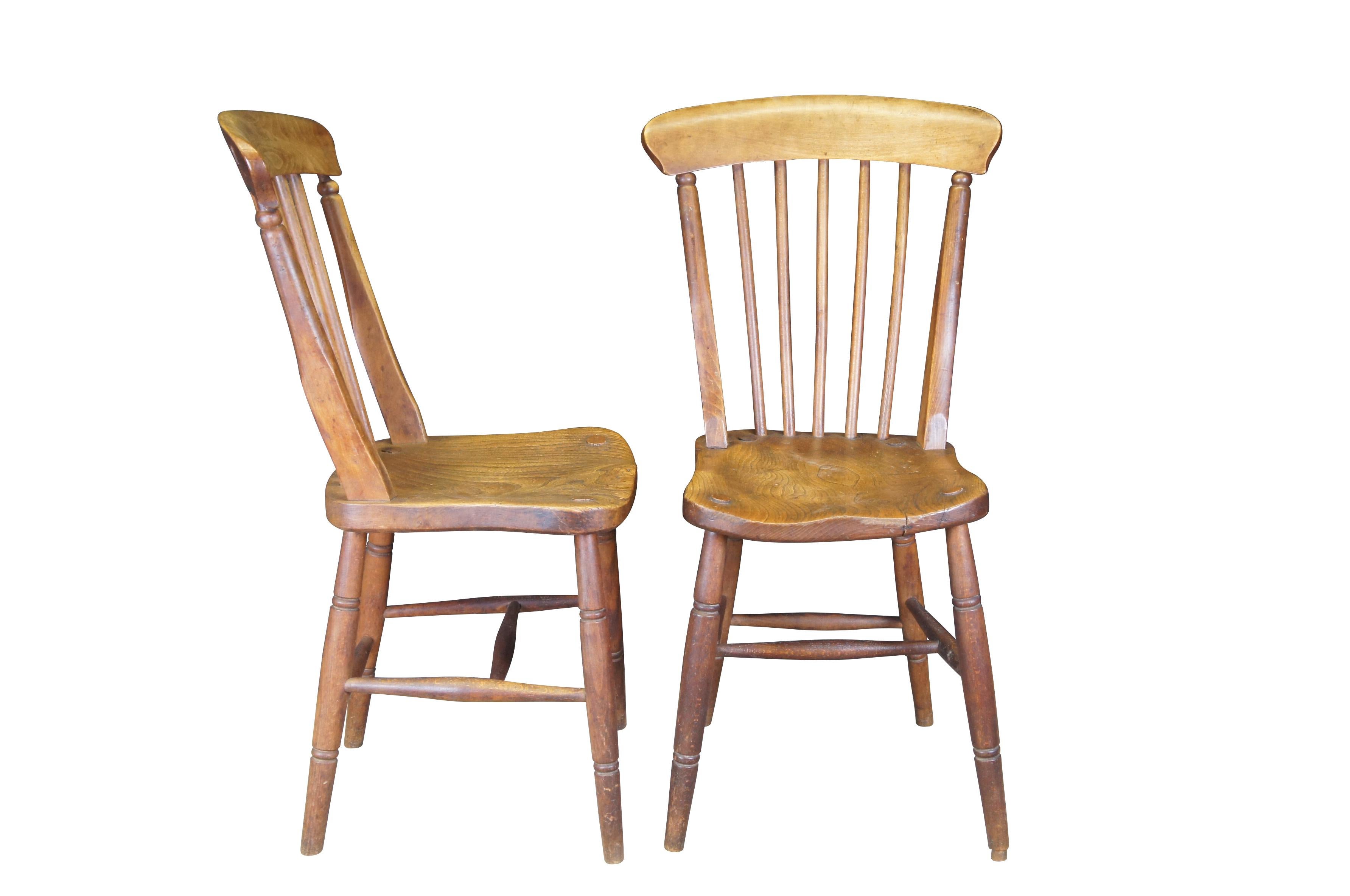 Six antique Glenister primitive elm dining chairs from Wycombe England.  Circa 19th Century.

The Thomas Glenister Company 
Temple End, High Wycombe, Buckinghamshire; chair maker (b. 1837-c.1891)

Glenister’s was founded by Daniel Glenister, a High