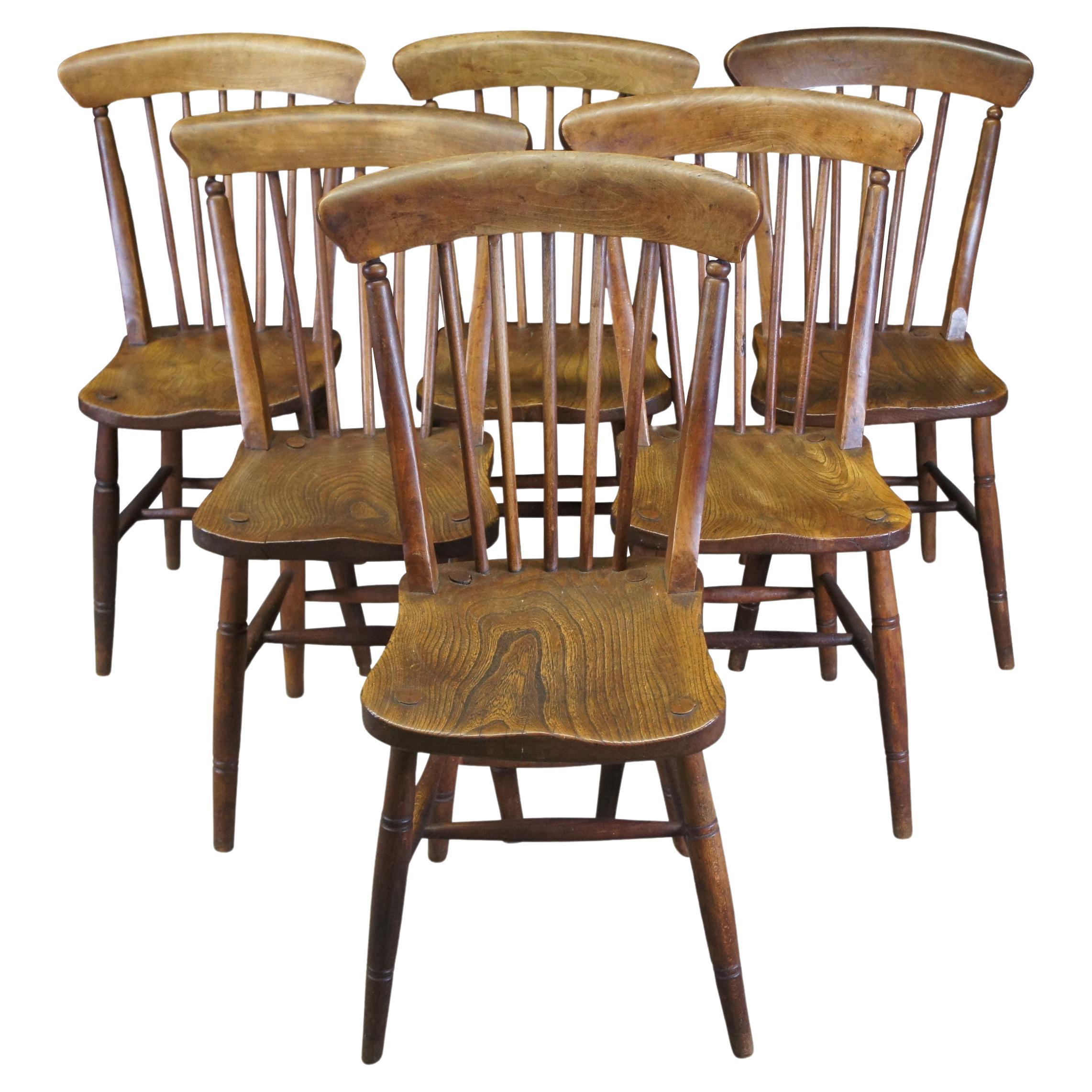 6 chaises de salle à manger anglaises anciennes Glenister Wycomb Elm Windsor Country Farmhouse en vente