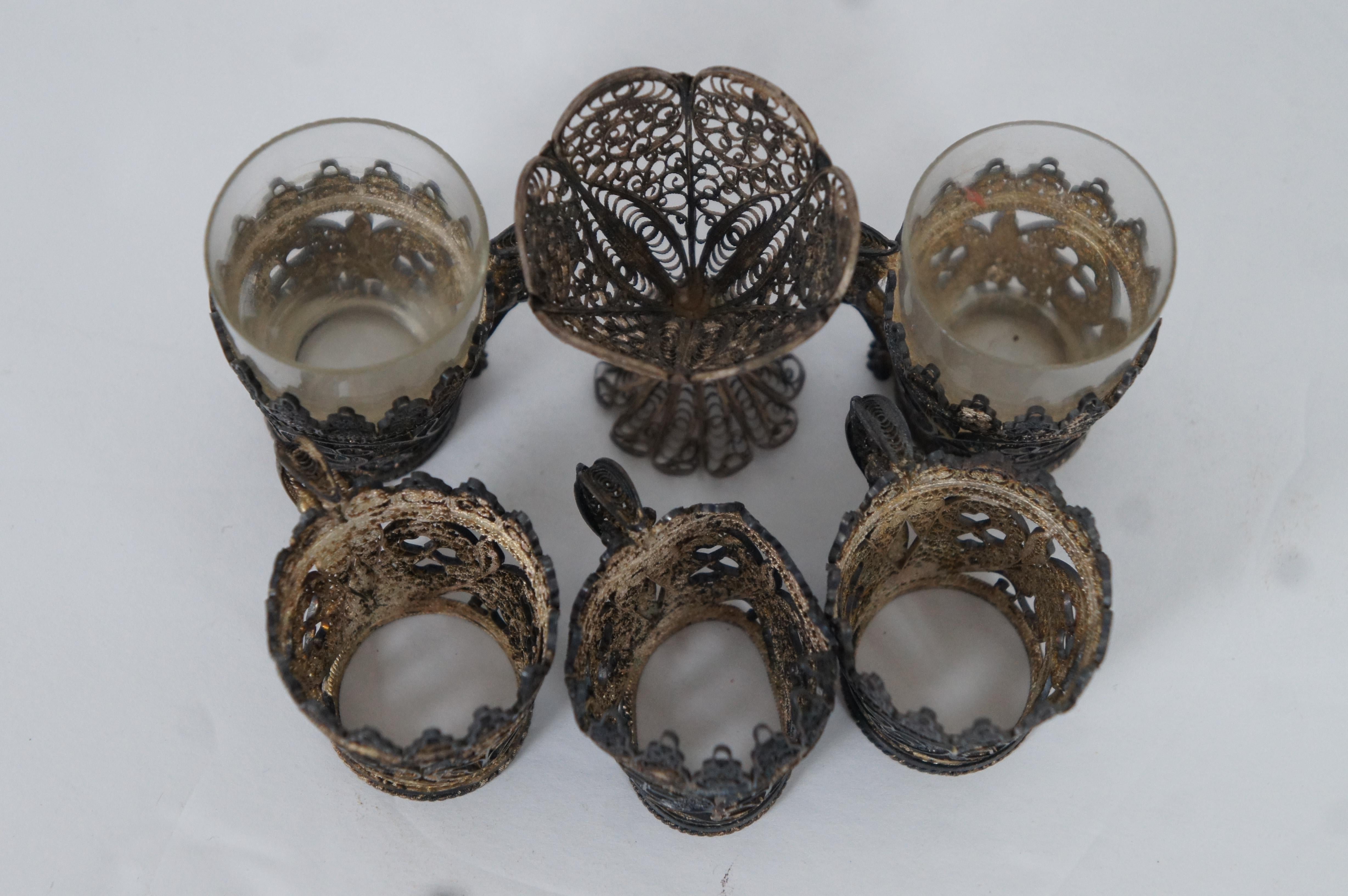 6 Antique Filigree Shot Glass Cordial Cup Ornate Overlay Clover Shamrock In Good Condition In Dayton, OH