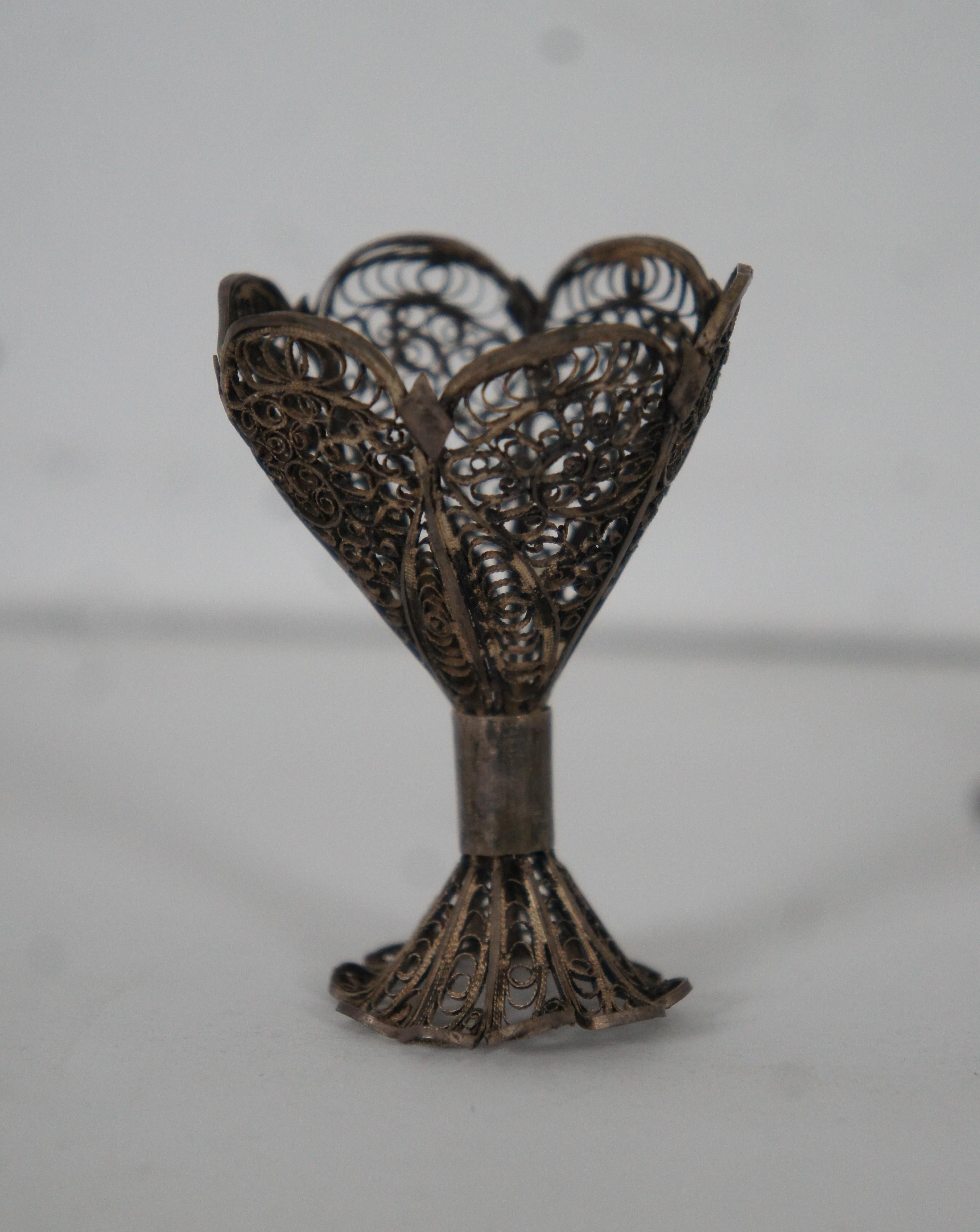 Metal 6 Antique Filigree Shot Glass Cordial Cup Ornate Overlay Clover Shamrock
