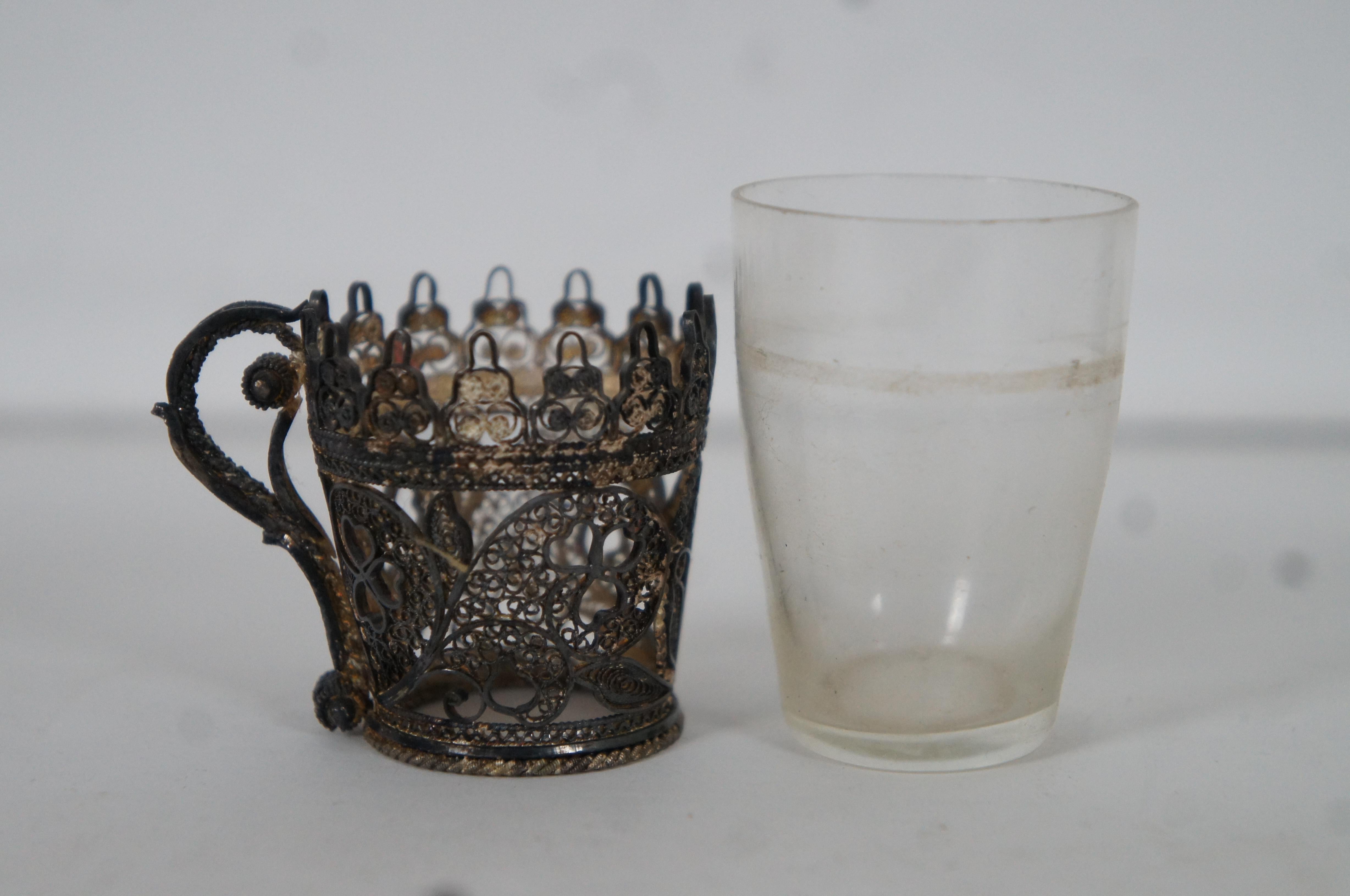 6 Antique Filigree Shot Glass Cordial Cup Ornate Overlay Clover Shamrock 1