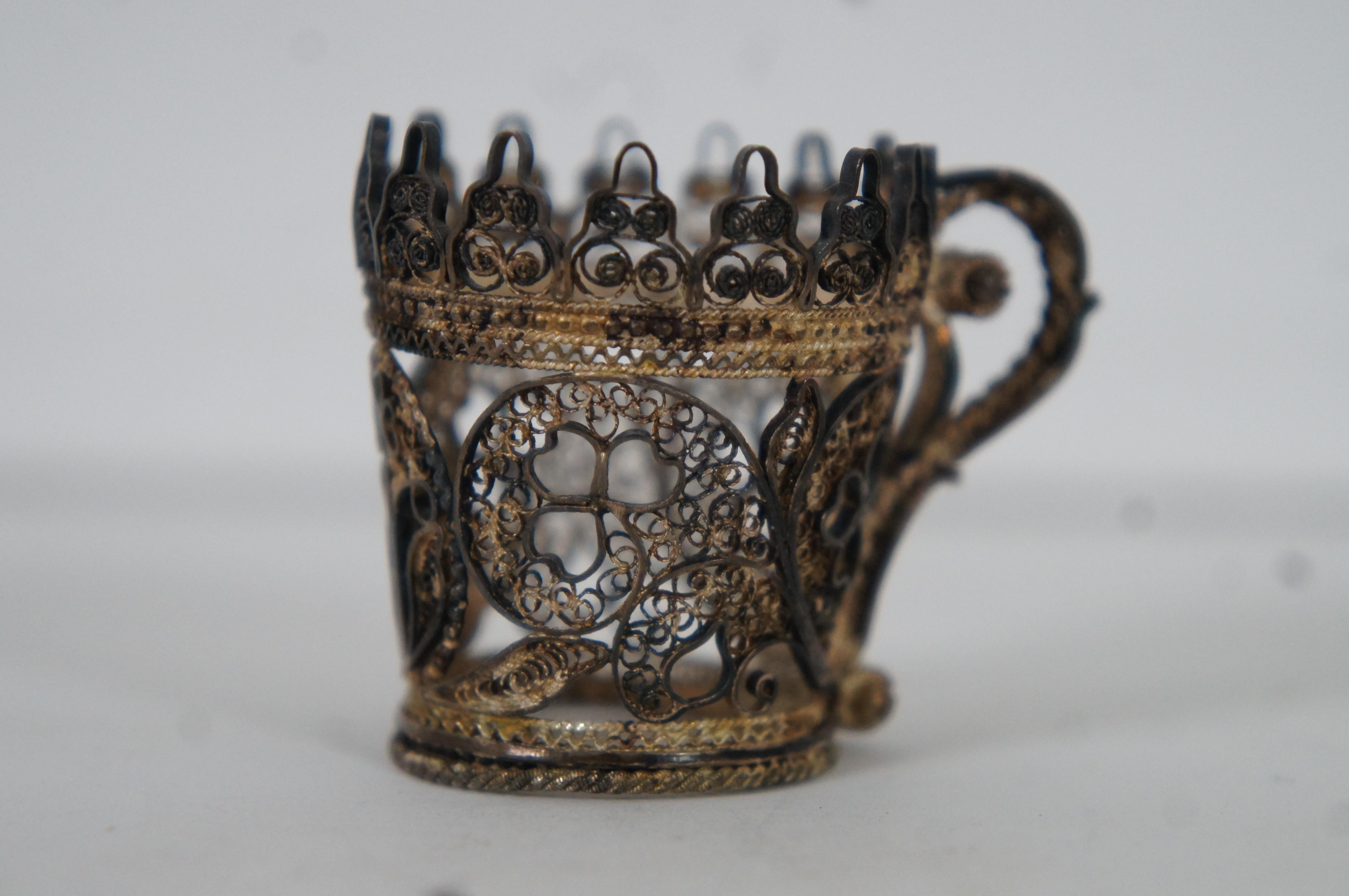 6 Antique Filigree Shot Glass Cordial Cup Ornate Overlay Clover Shamrock 3