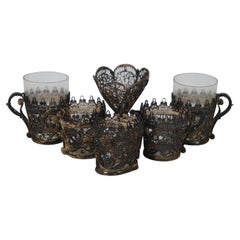 6 Antique Filigree Shot Glass Cordial Cup Ornate Overlay Clover Shamrock