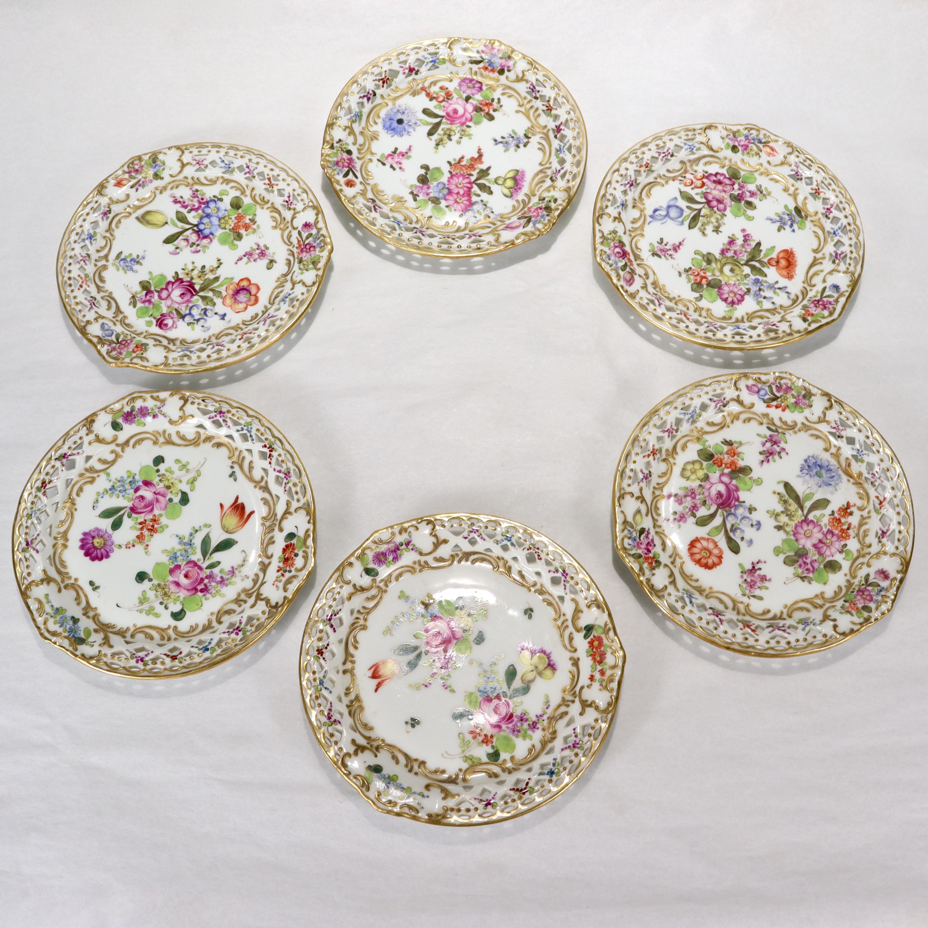 Français 6 assiettes en porcelaine anciennes réticulées de style Dresde Bloch & Bourdois en vente