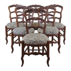 6 Antique French Country Oak Serpentine Ladderback Dining Side Chairs Aubusson