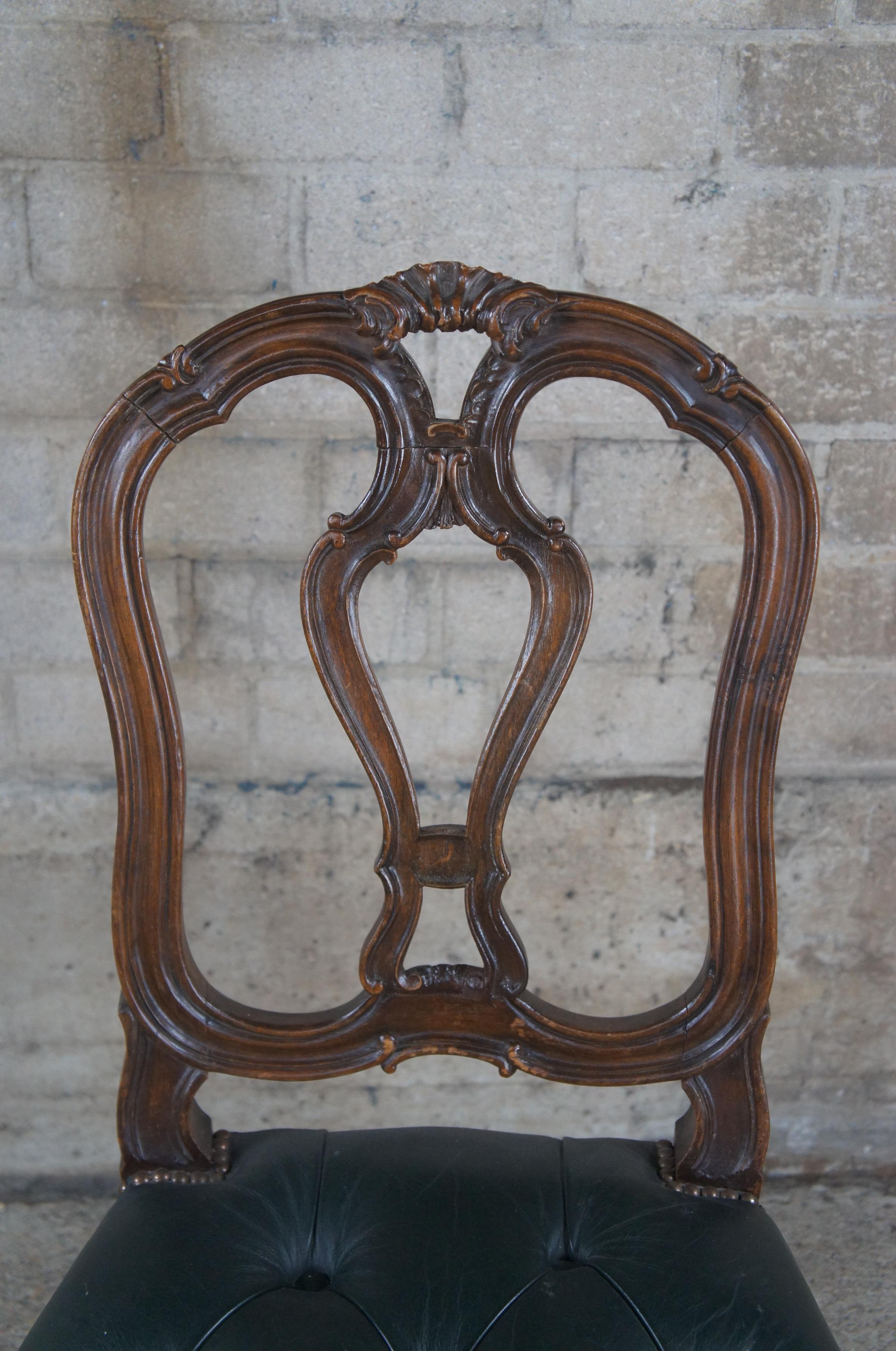 6 Antique French Louis XV Serpentine Walnut Tufted Leather Dining Chair Set 2