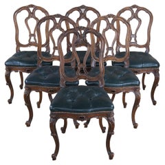 6 Antique French Louis XV Serpentine Walnut Tufted Leather Dining Chair Set