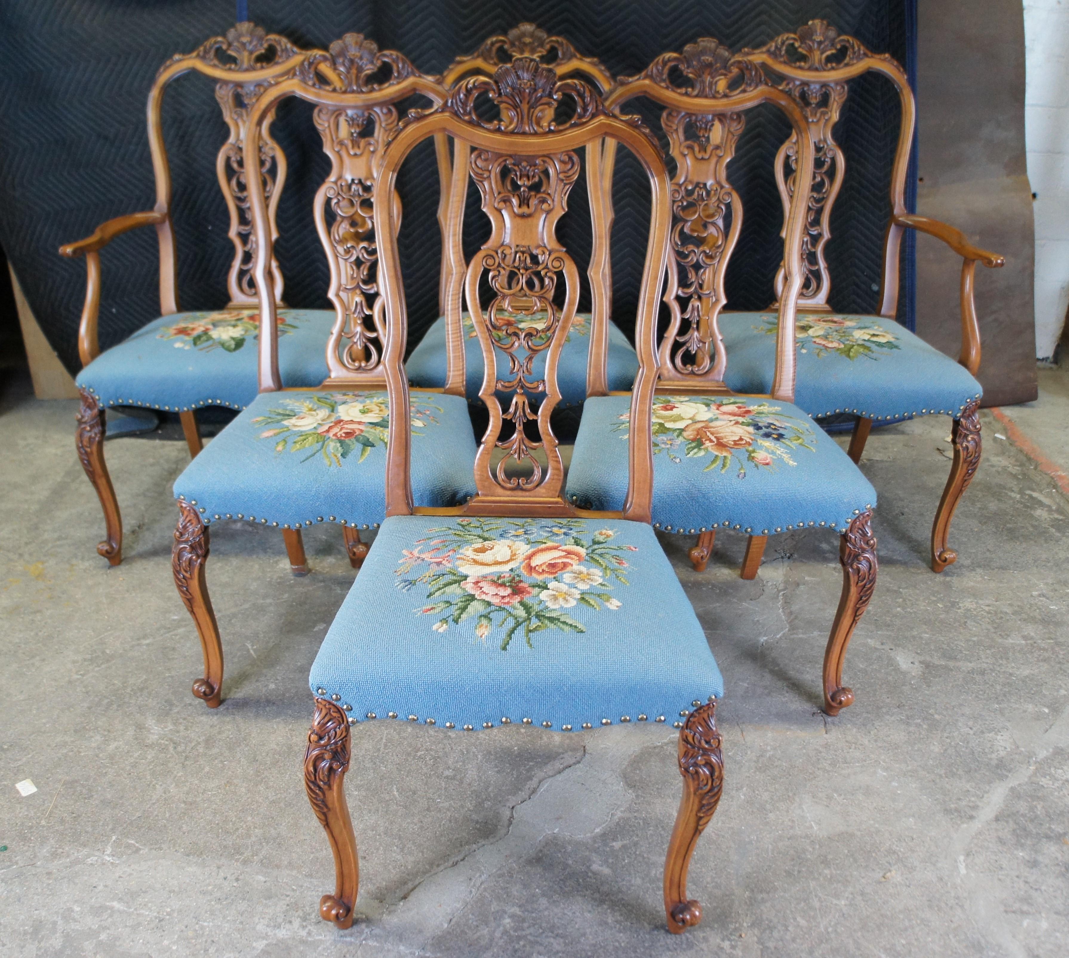 6 Antique French Provincal Louis XV Walnut Reticulated Needlepoint Dining Chairs 6