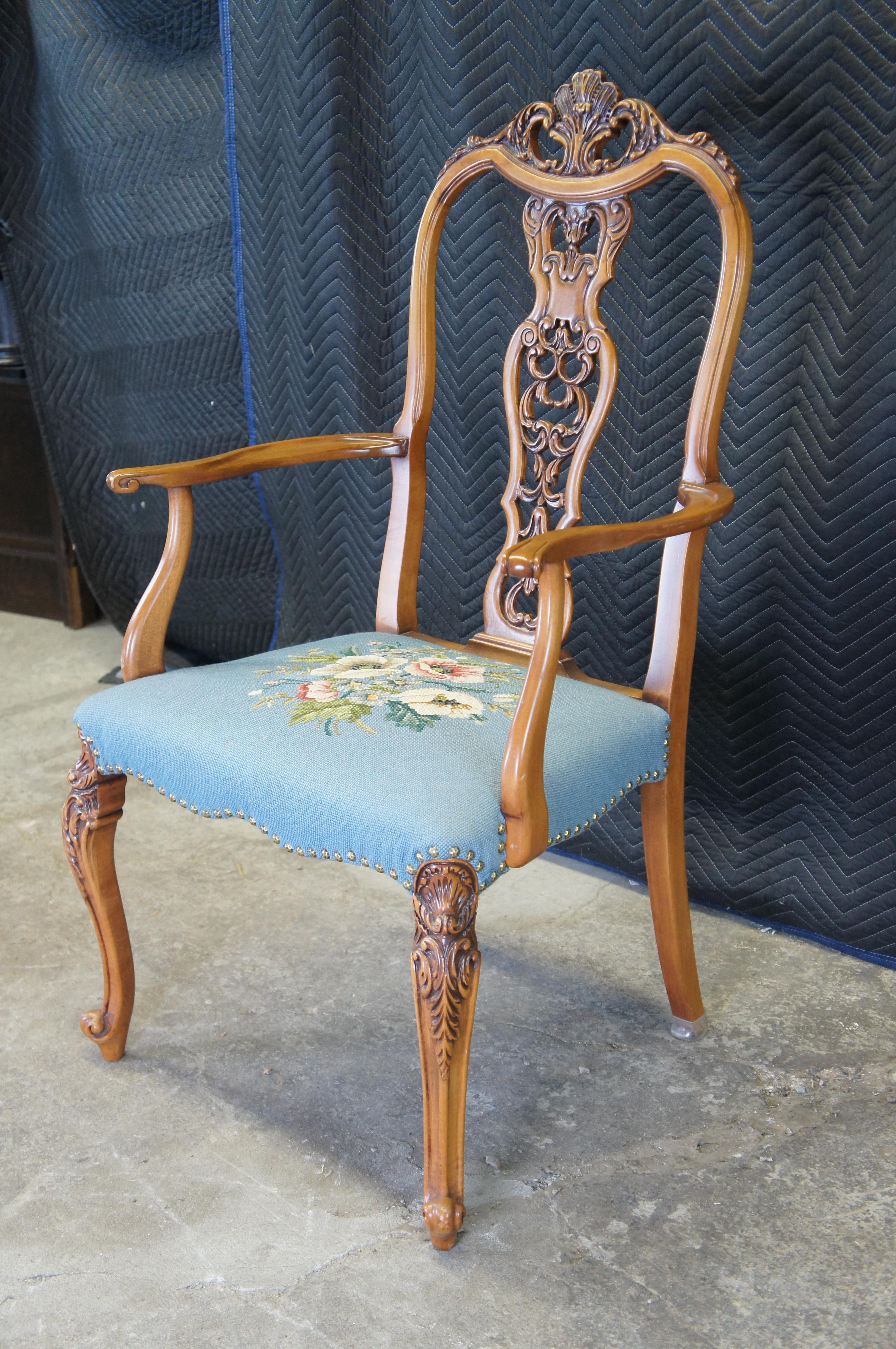 20th Century 6 Antique French Provincal Louis XV Walnut Reticulated Needlepoint Dining Chairs