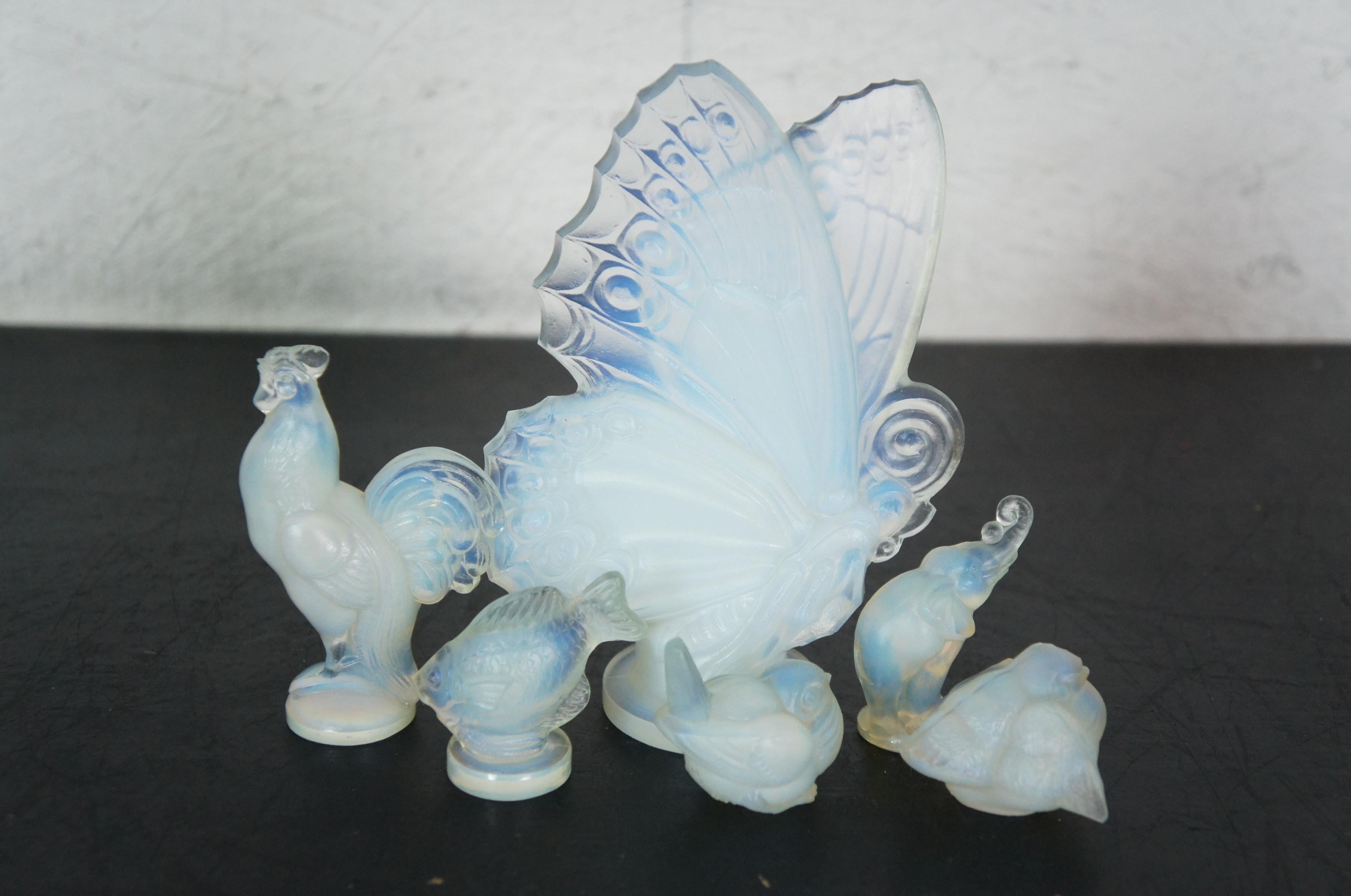 6 Figurillas francesas Art Decó Sabino Art Glass Mariposa Elefante Gorriones en venta 4
