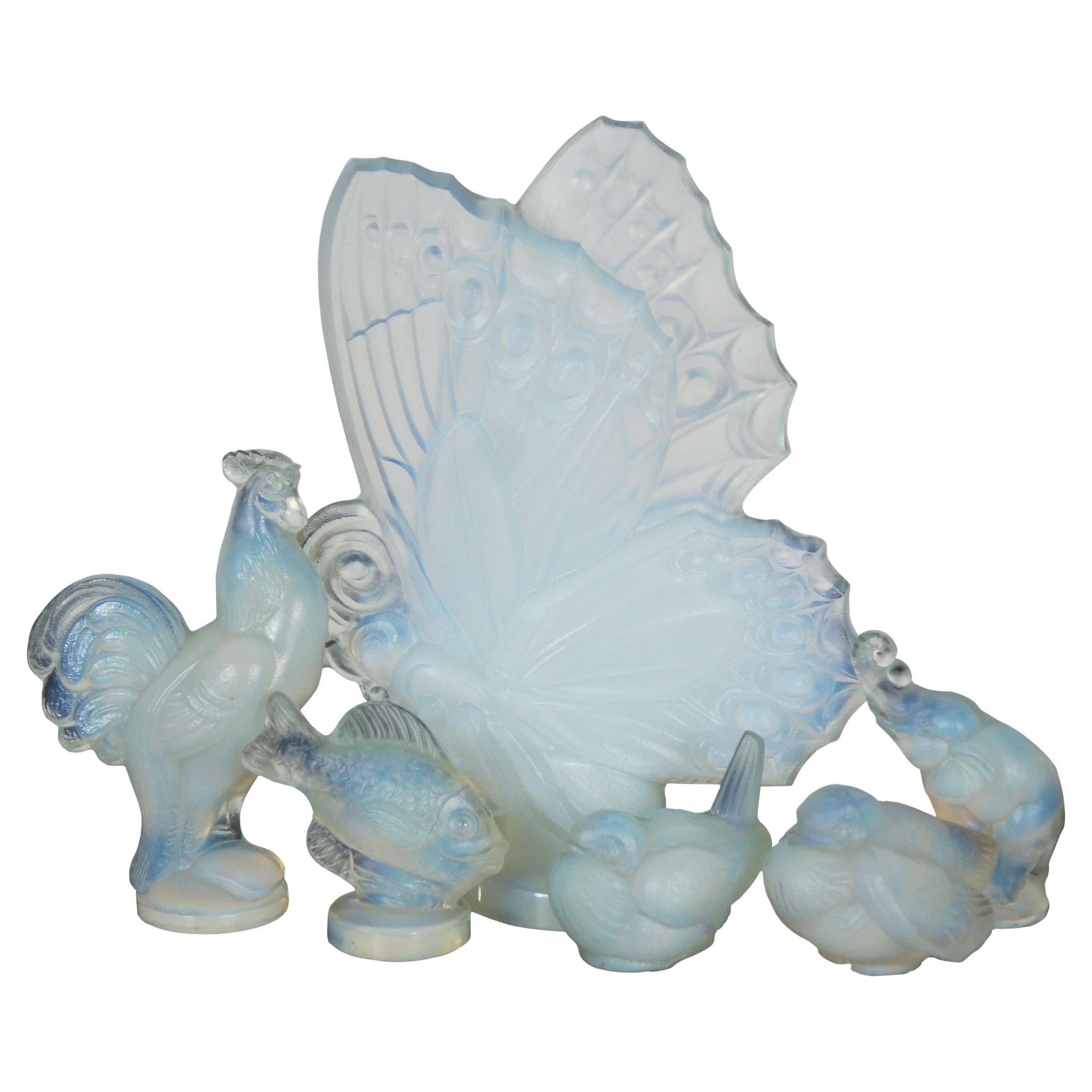 6 Figurillas francesas Art Decó Sabino Art Glass Mariposa Elefante Gorriones