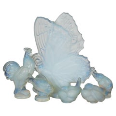 6 figurines Art Déco Sabino en verre opalescant papillons éléphants