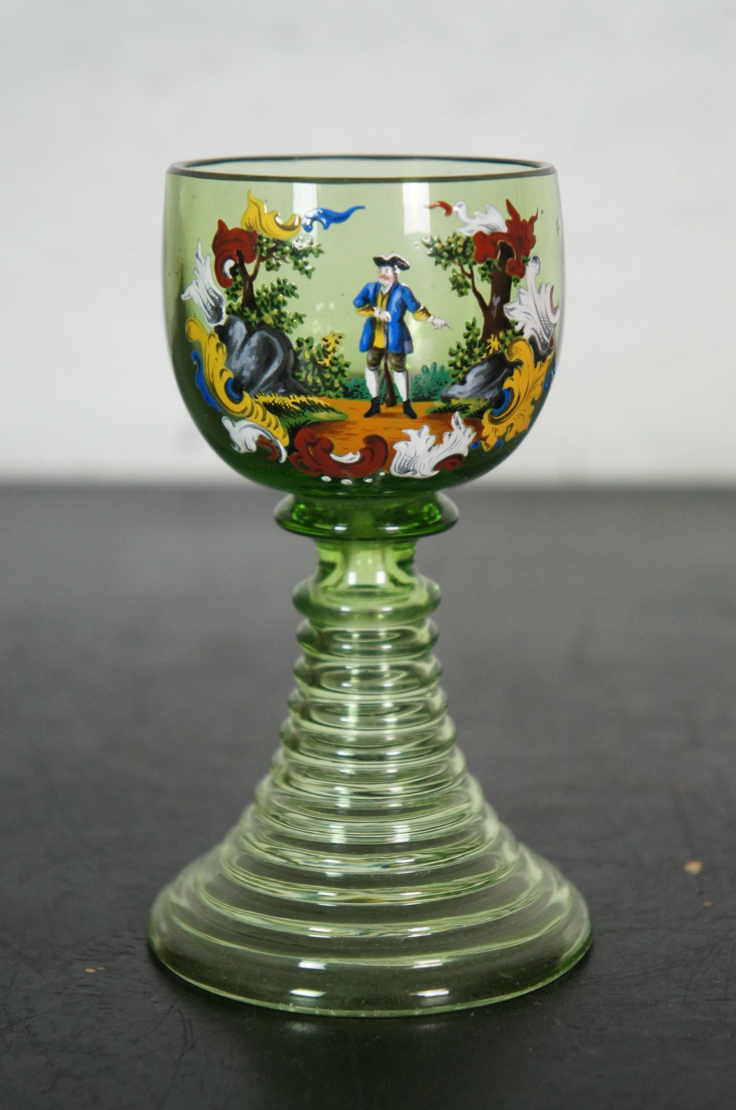 6 jarra y tazas antiguas alemanas de Bohemia de vidrio verde esmaltado con tapa 3
