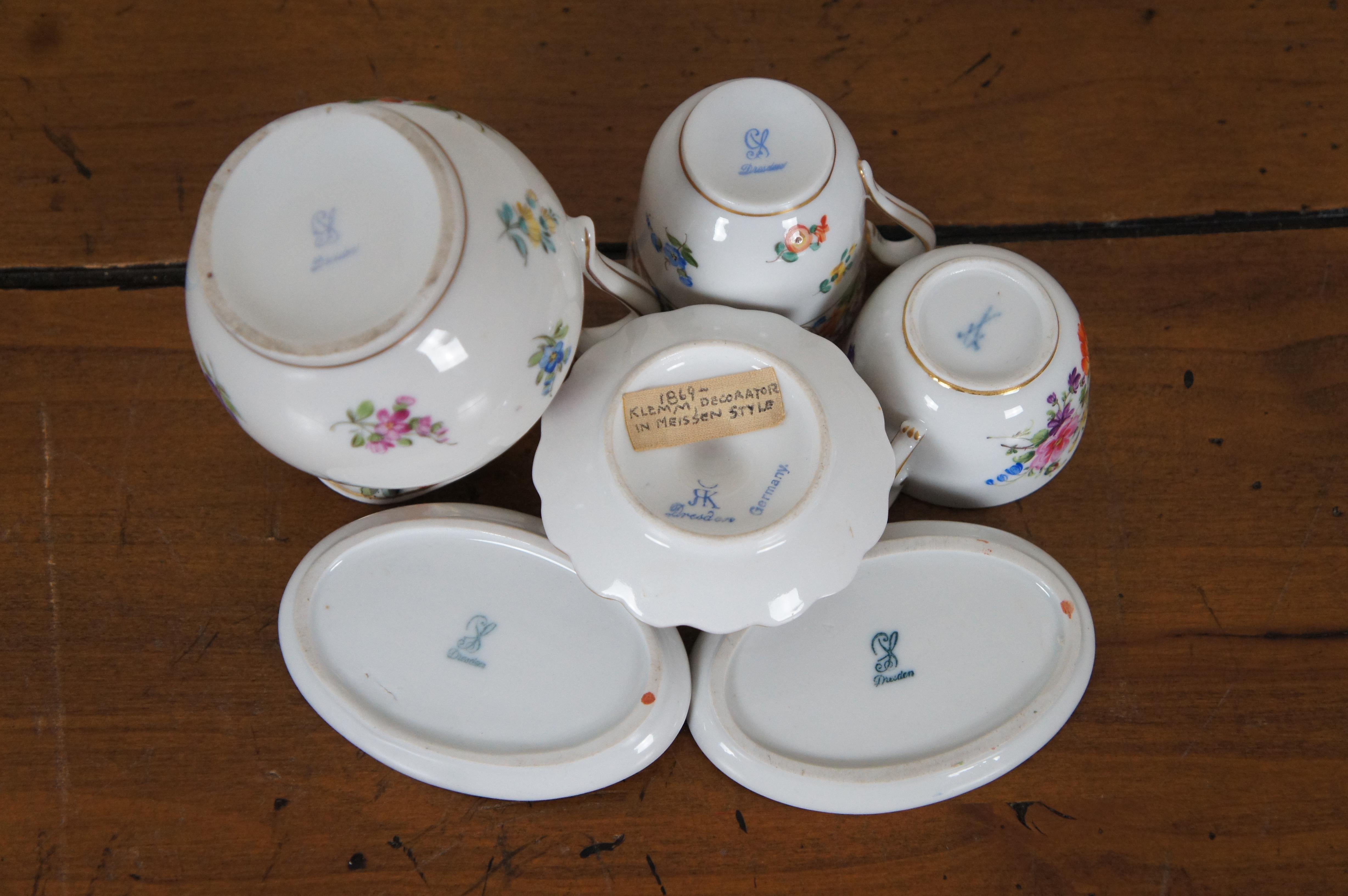 6 Antique German Dresden Meissen Klemm Carl Thieme Pitcher Tea Cups Plates  For Sale 1
