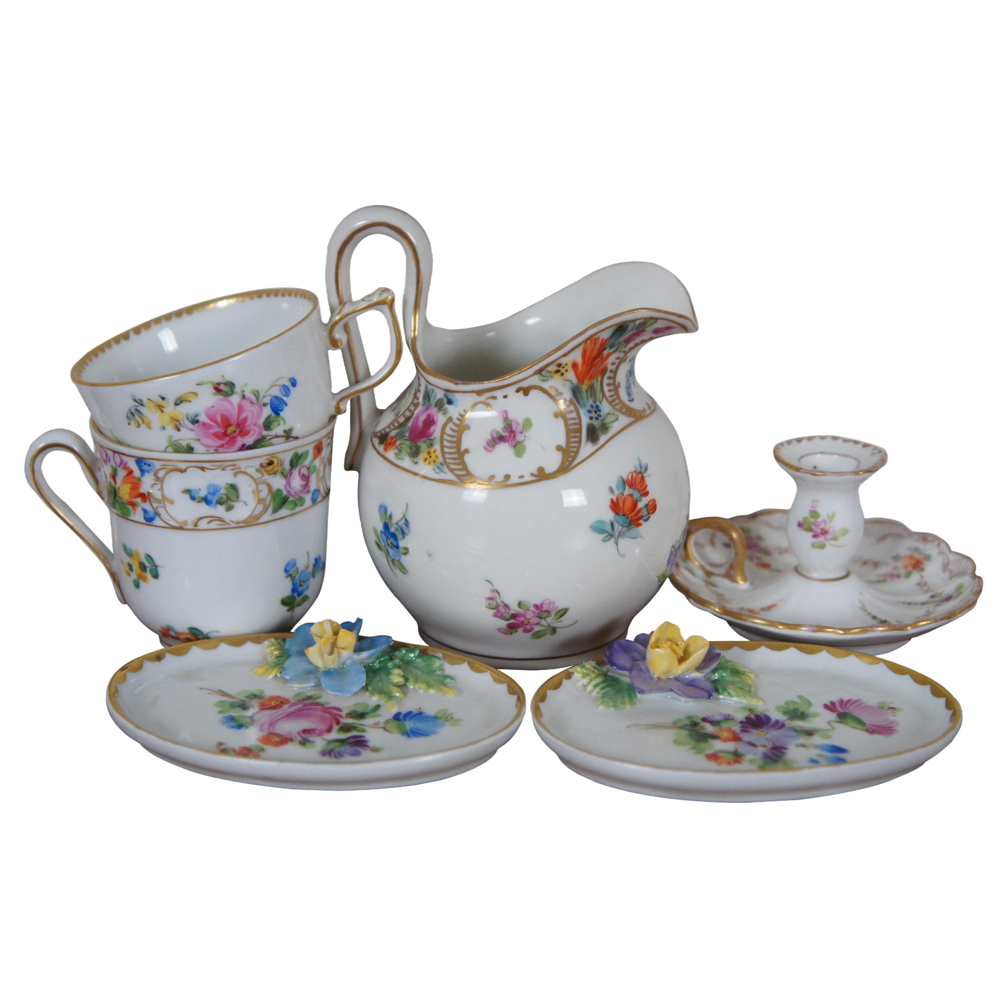 6 Antique German Dresden Meissen Klemm Carl Thieme Pitcher Tea Cups Plates  For Sale