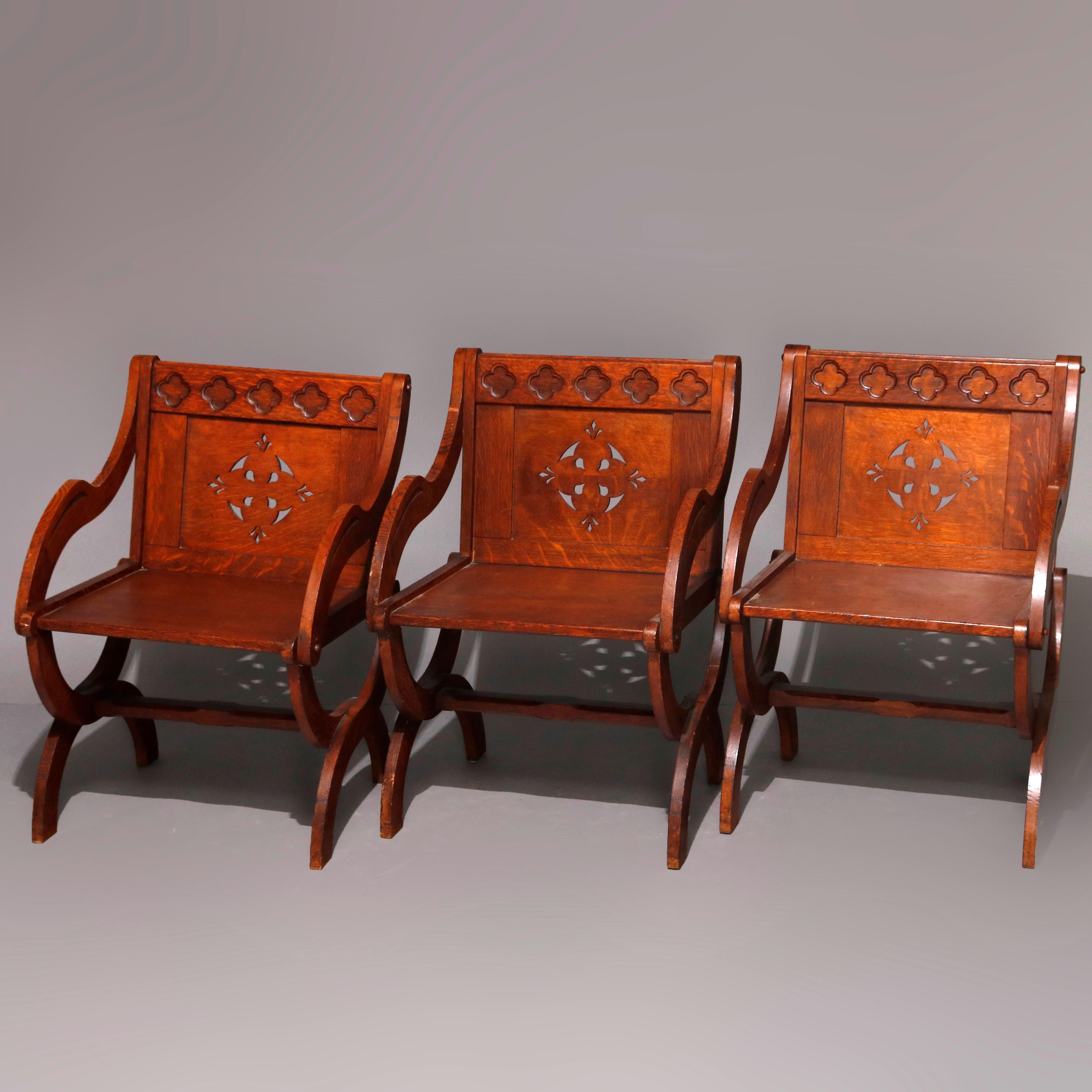 6 Antique Gothic Carved & Cut-Out Oak Curule Form Armchairs, circa 1900 In Good Condition In Big Flats, NY