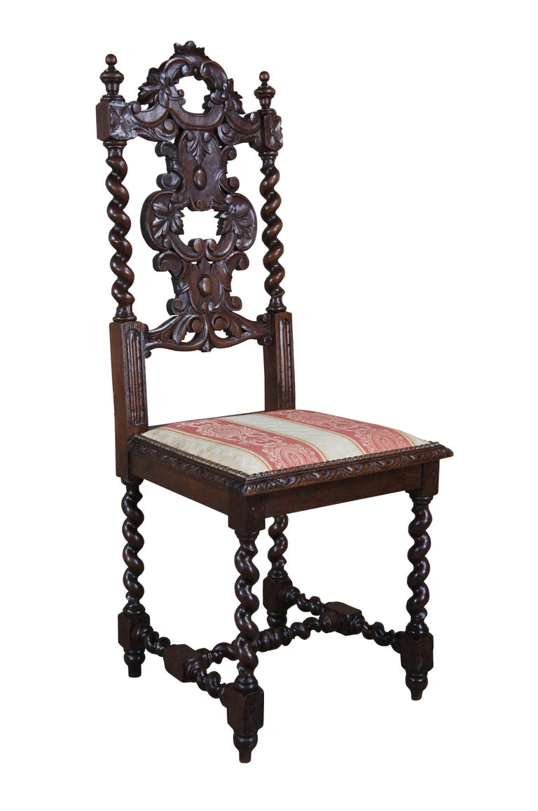6 Antique Gothic French Renaissance Revival Oak Barley Twisted Dining Chairs In Good Condition For Sale In Dayton, OH