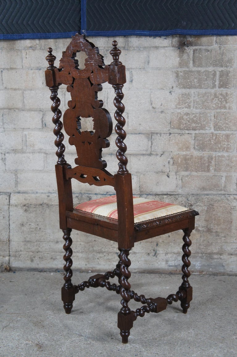 Upholstery 6 Antique Gothic French Renaissance Revival Oak Barley Twisted Dining Chairs For Sale